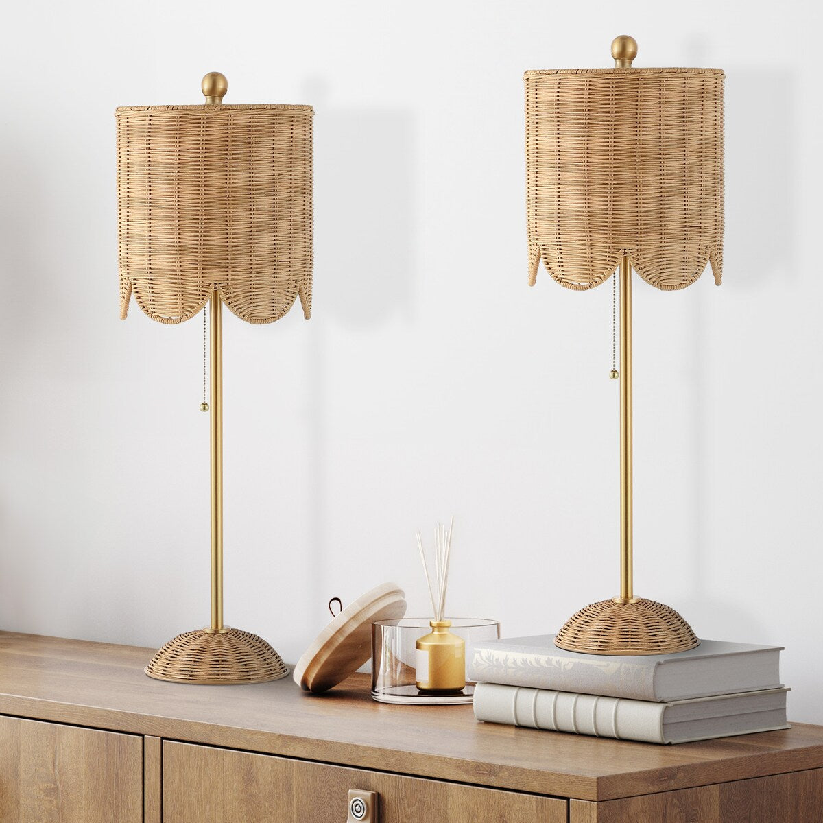 Aksel 27.5 Coastal Rattan/Iron Scalloped Buffet LED Table Lamp with Pull Chain, Natural/Brass Gold (Set of 2) by JONATHAN Y