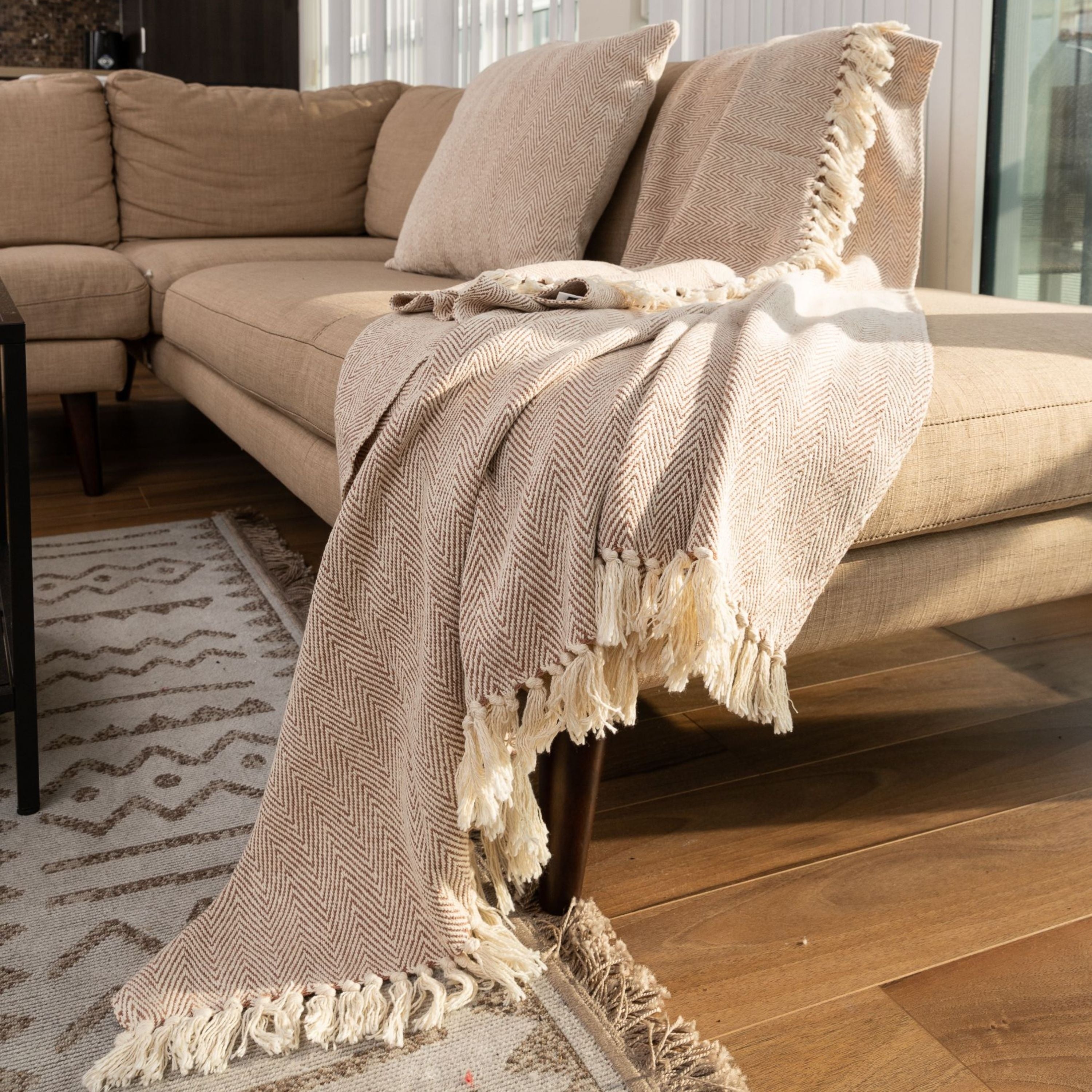 Fabstyles Herringbone Stripe Cotton Throw Blanket With Fringes