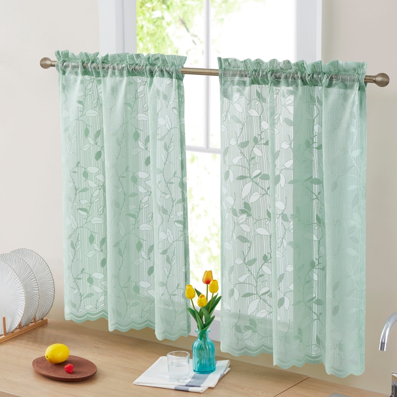 HLC.me Joyce Lace Sheer Kitchen Cafe Curtain Tiers for Small Windows, Kitchen & Bathroom