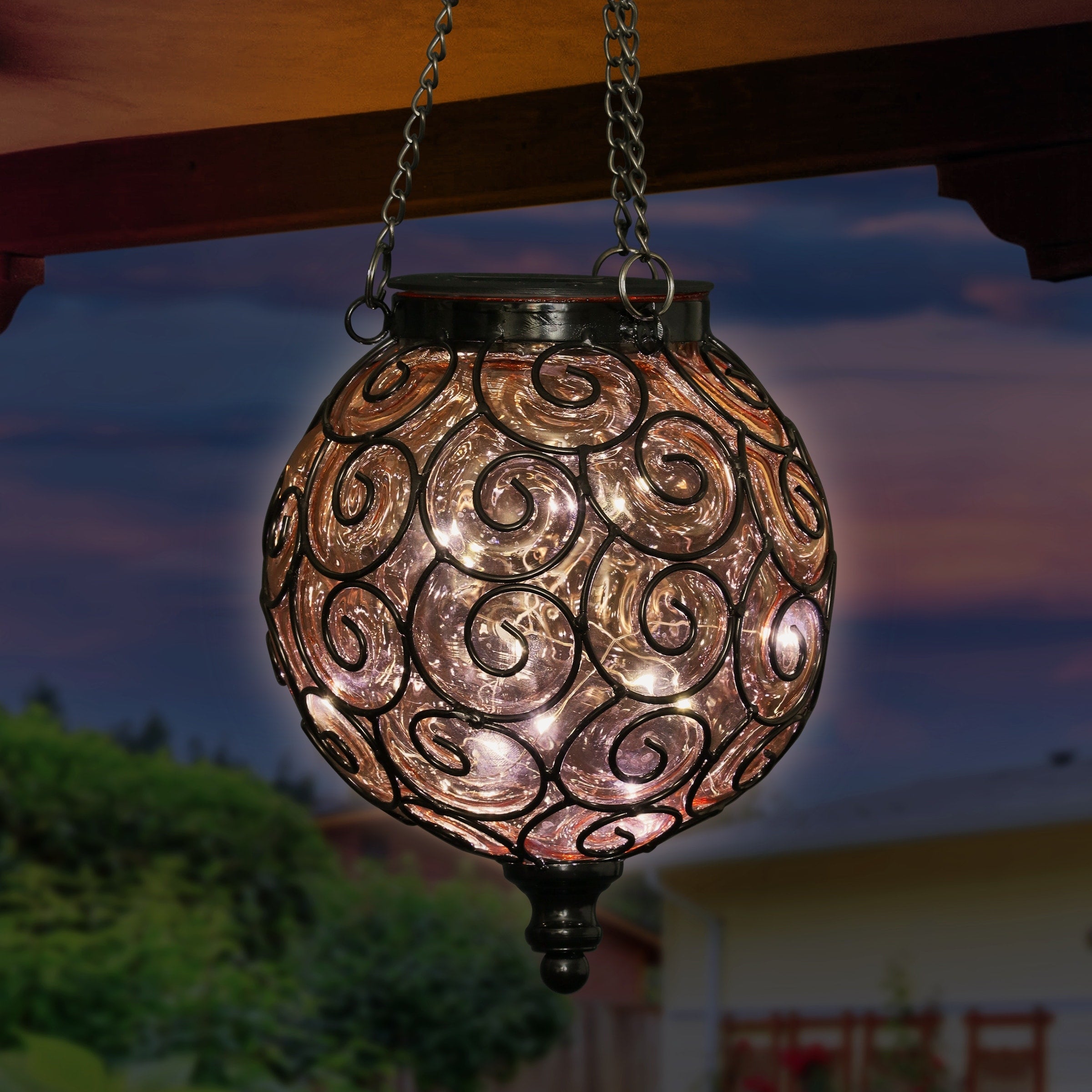 Exhart Solar Round Glass and Metal Hanging Lantern with 15 LED Fairy Firefly String Lights, 7 by 21 Inches