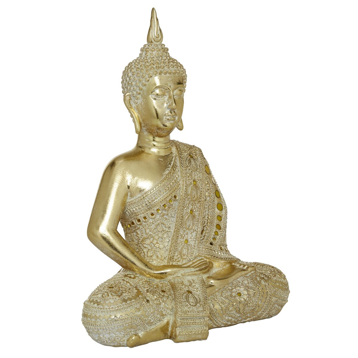 Polystone Buddha Meditating Decorative Sculpture with Intricate Carvings and Mirrored Embellishments - Gold - Roche River Decor