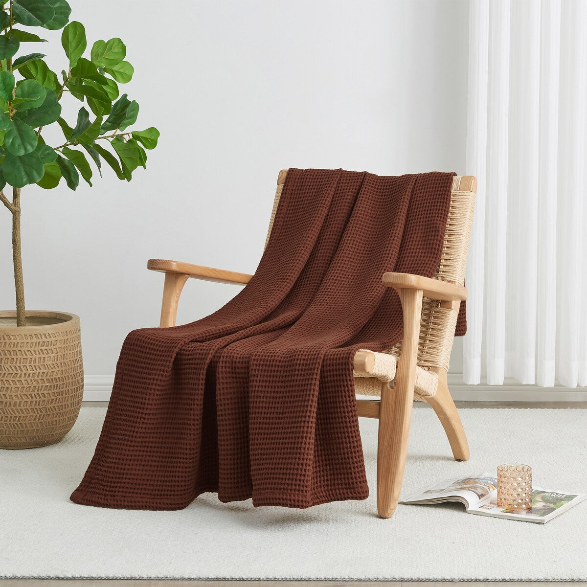 Linery & Co. 100% Cotton All-Season Lightweight Waffle Weave Knit Throw Blanket