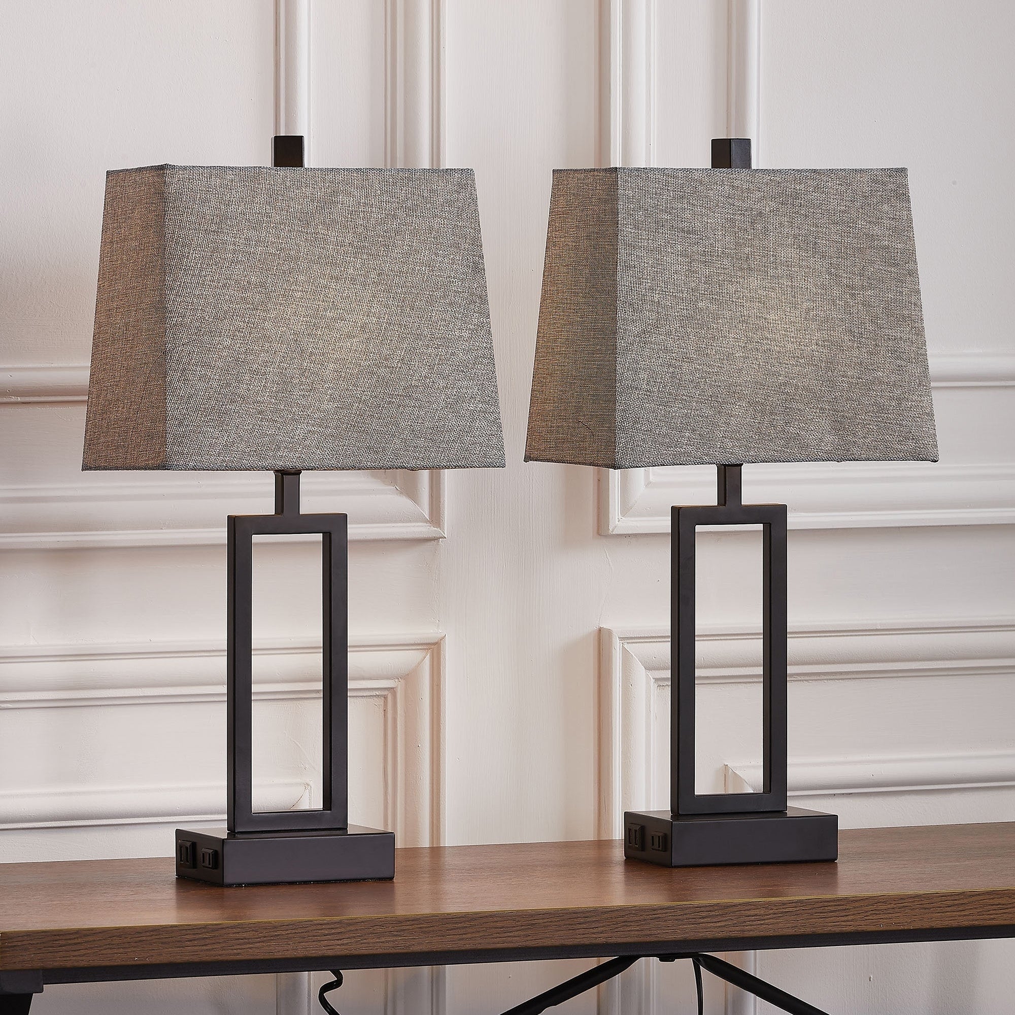 Black Metal Table Lamp with Touch Dimming Switch Charging Ports (Set of 2) - 12'' x 6.5'' x 23.5'' (L x W x H)