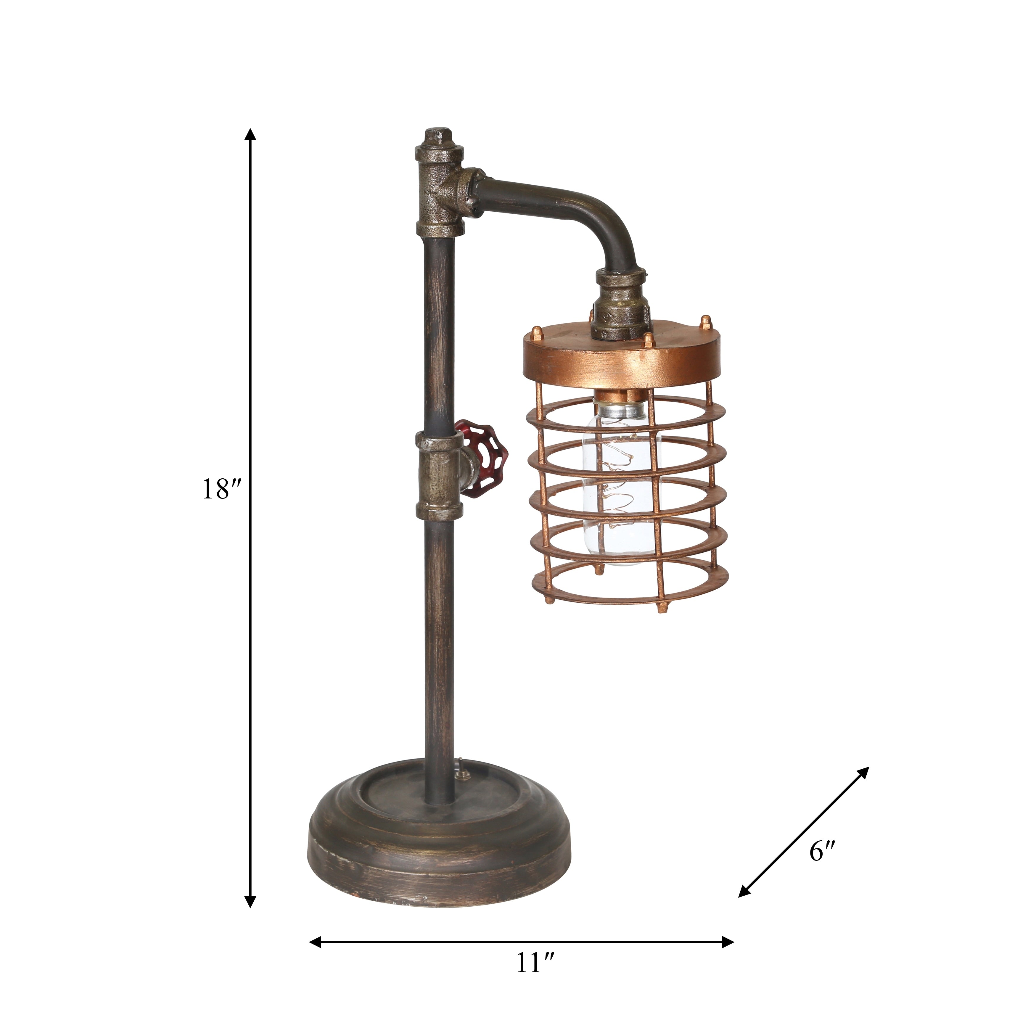 Sagebrook Home Industrial Style Metal Pipe Table Lamp, Bulb Included, Battery Operated, Black and Copper, 11 L x 6 W x 18 H