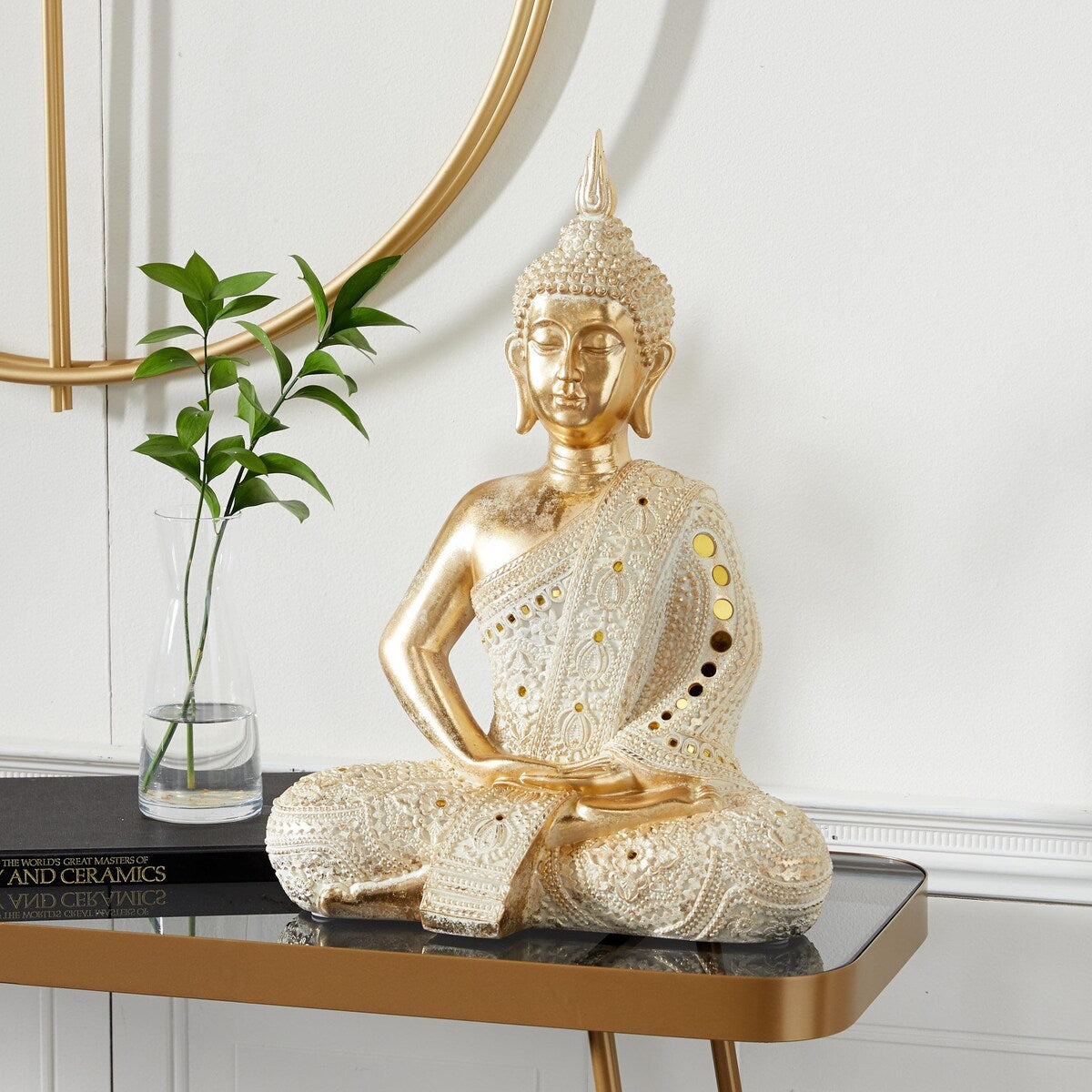 Polystone Buddha Meditating Decorative Sculpture with Intricate Carvings and Mirrored Embellishments - Gold - Roche River Decor