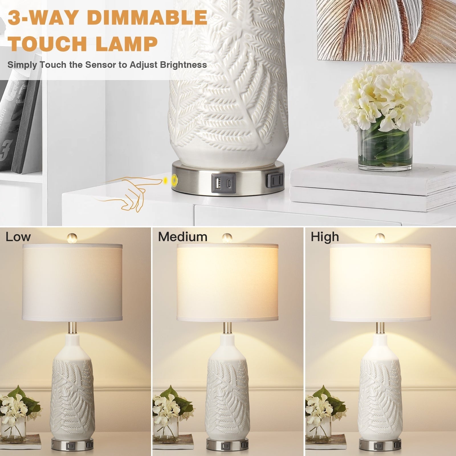 Table Lamps Ceramic White Special Texture Pattern 3-Way Touch Switch USB Type-C Charging Ports AC Outlet (Set of 2)