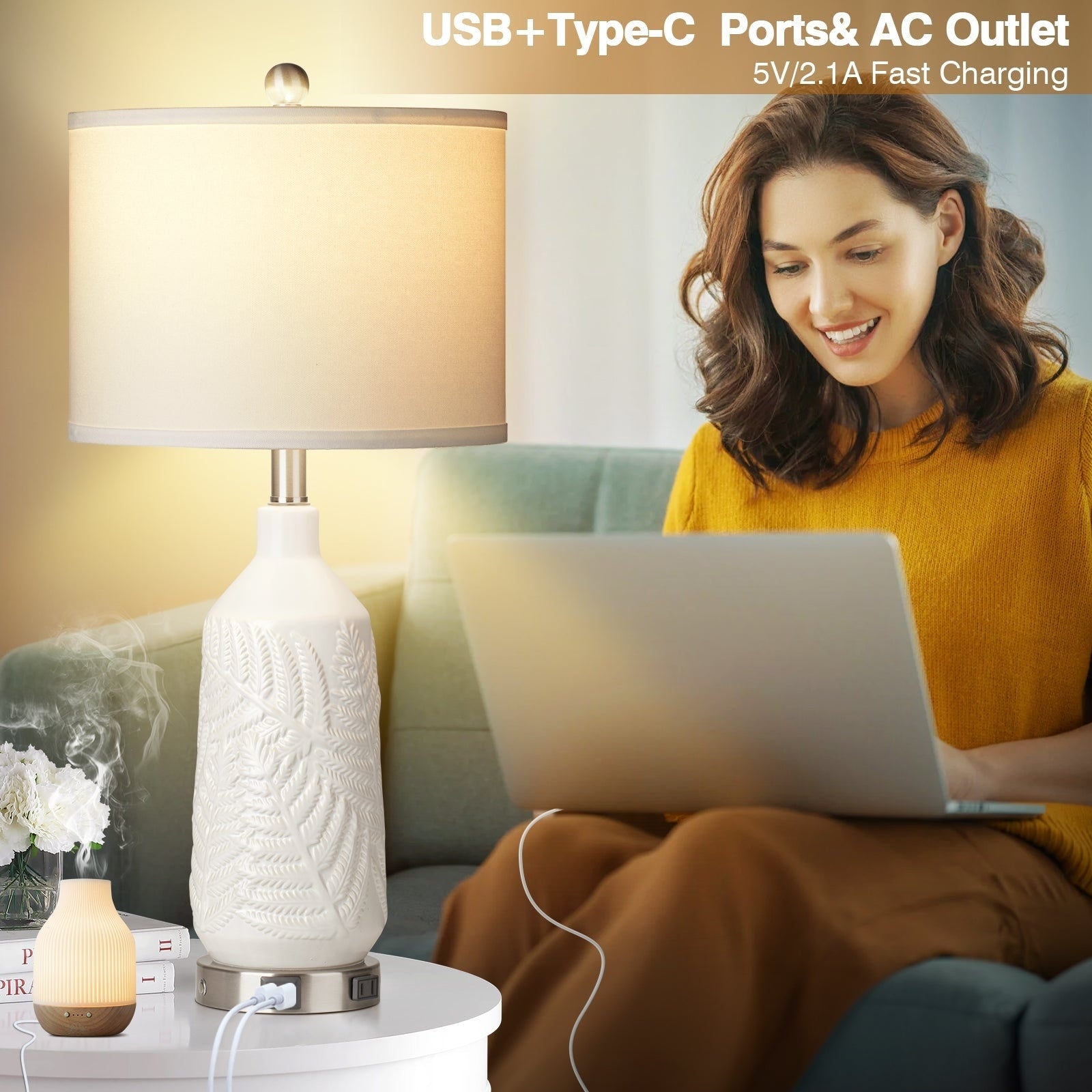 Table Lamps Ceramic White Special Texture Pattern 3-Way Touch Switch USB Type-C Charging Ports AC Outlet (Set of 2)