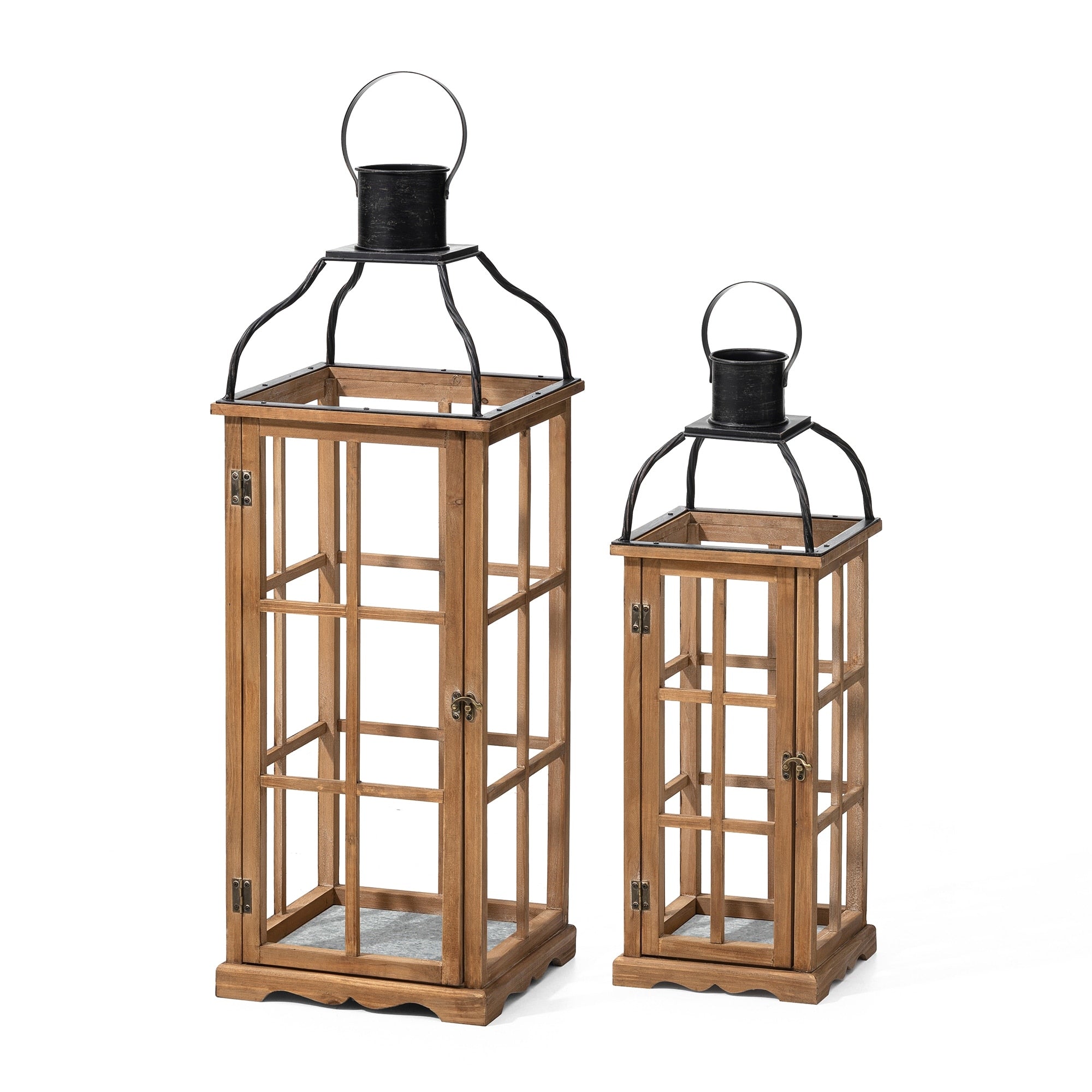 Glitzhome Oversized Farmhouse Wooden Metal Cage Candle Holders Patio Hanging Decorative Lanterns (Set of 2)