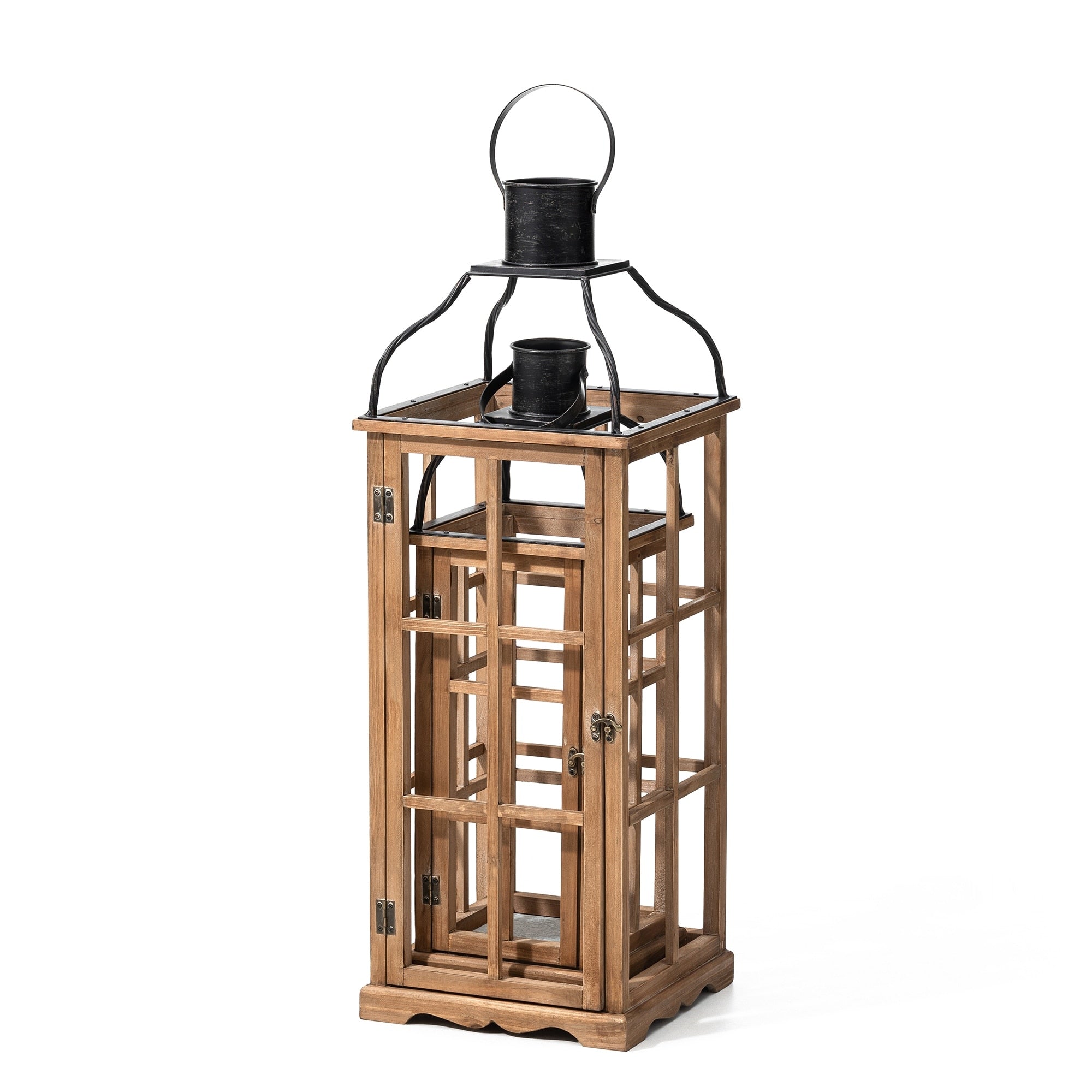 Glitzhome Oversized Farmhouse Wooden Metal Cage Candle Holders Patio Hanging Decorative Lanterns (Set of 2)