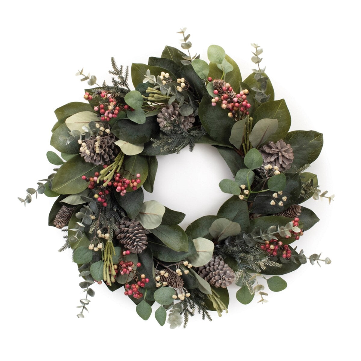 Mixed Magnolia Eucalyptus Berry Wreath 29D - Green, Pink