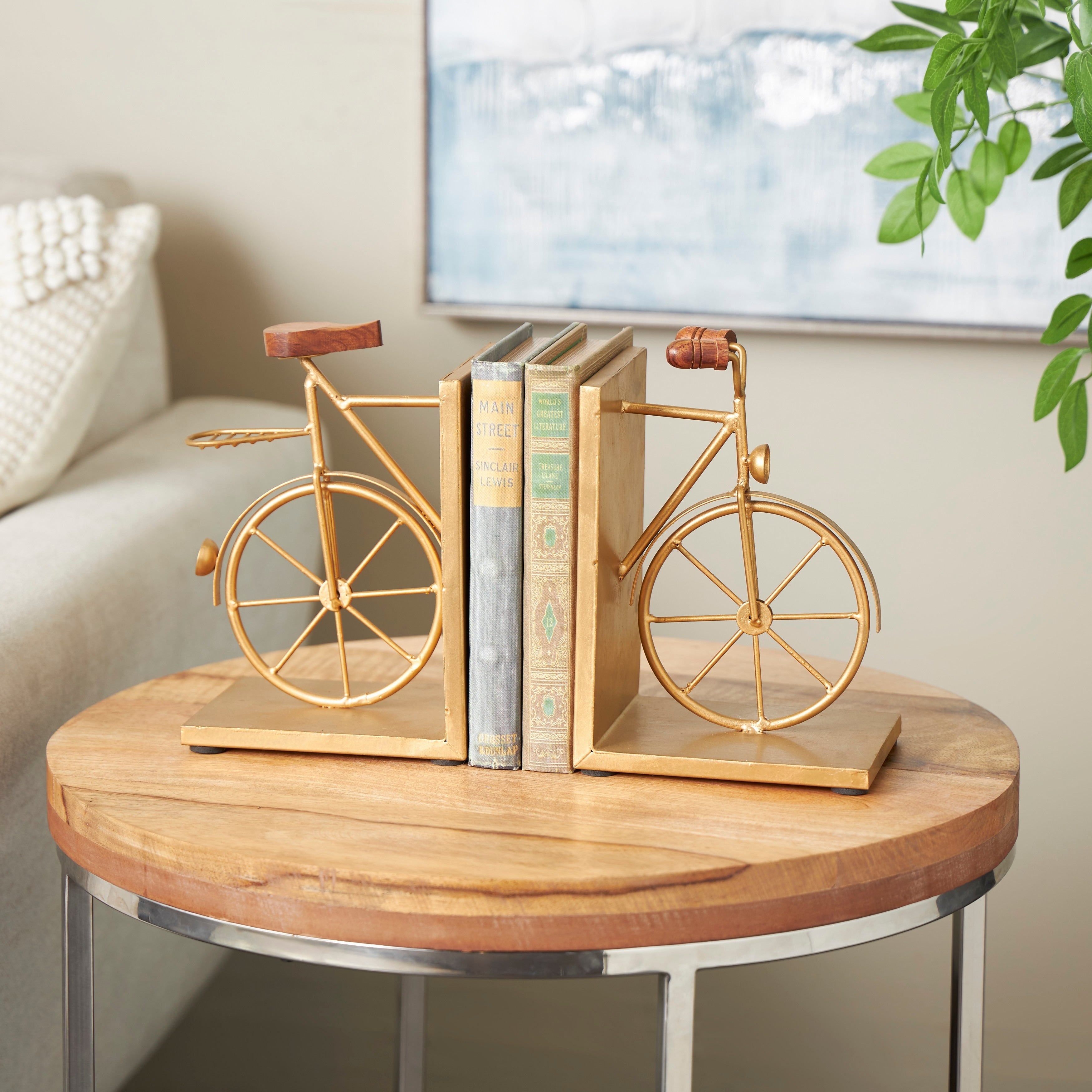 Black or Gold Metal Bike Bookends with Wood Accents (Set of 2)