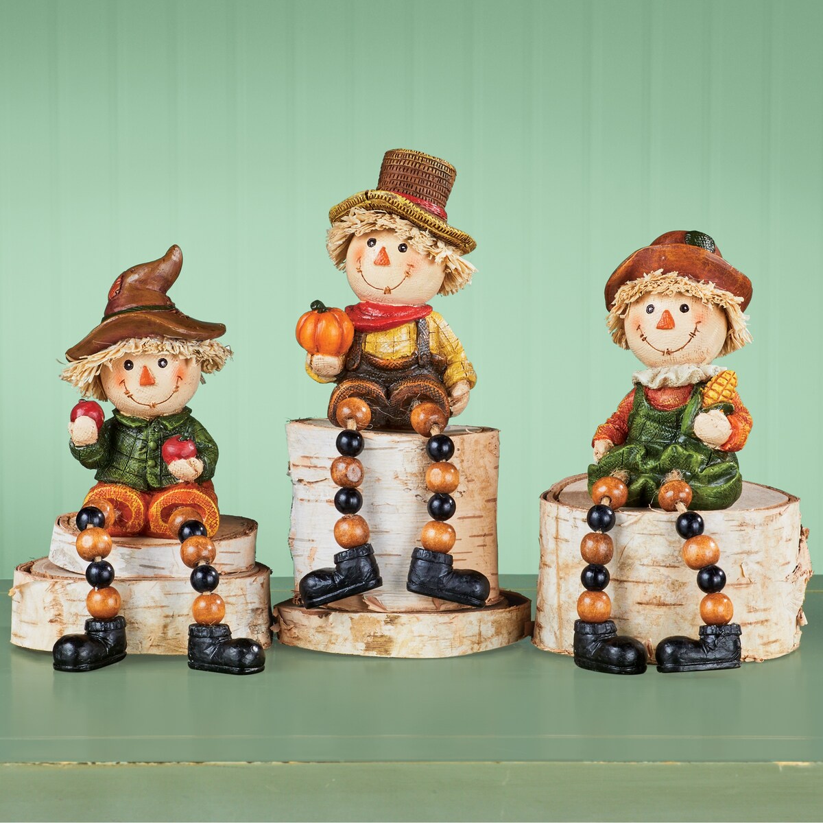 Hand-Painted 3-Piece Fall Straw Scarecrow Sitter Figurines - 11.500 x 6.000 x 4.500