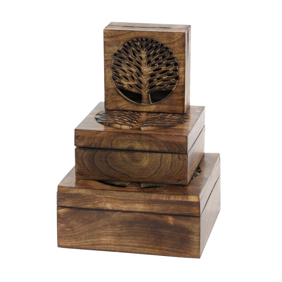 Wood Tree Handmade Decorative Box with Hinged Lid - Set of 3 Brown - Roche River Decor