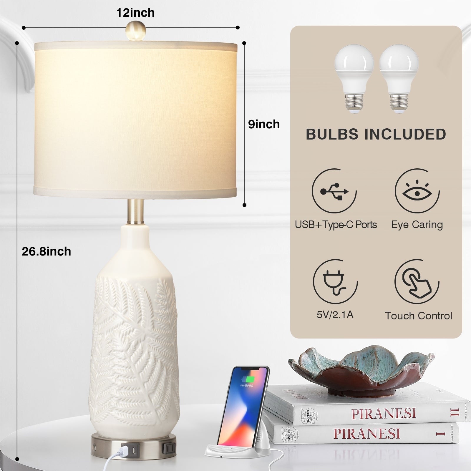 Table Lamps Ceramic White Special Texture Pattern 3-Way Touch Switch USB Type-C Charging Ports AC Outlet (Set of 2)