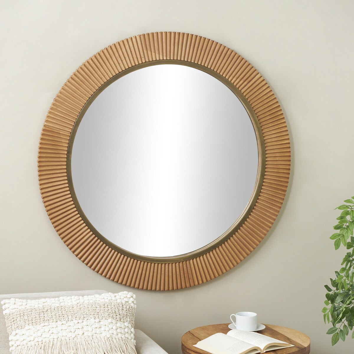 Wood Fluted Room Wall Mirror with Scalloped Edge - Brown - Roche River Decor