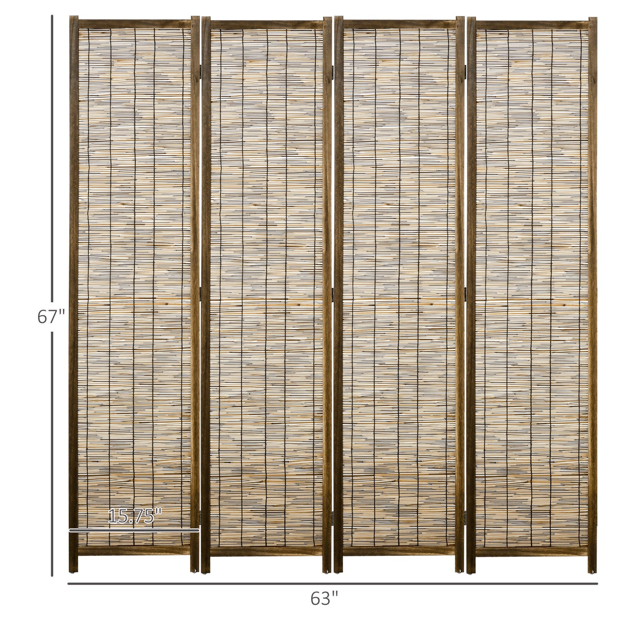 HOMCOM 4 Panel Room Divider, 5.5' Tall Portable Folding Privacy Screens, Wood & Hand-Woven, Brown