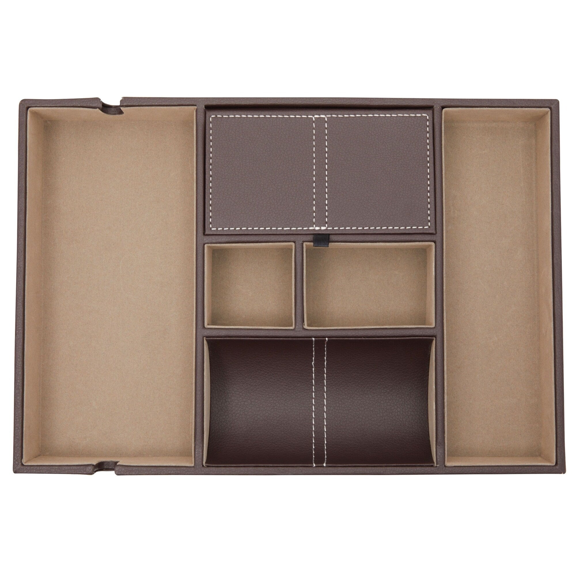 Mens Valet Tray, Nightstand Organizer with 6 Compartments for Phone Wallet Keys (Brown PU Leather)