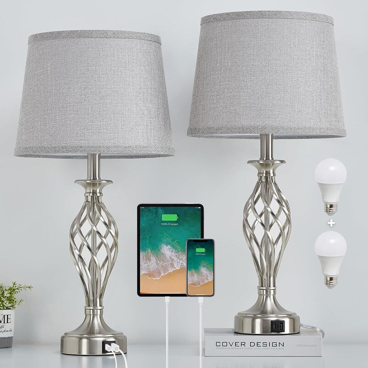 Table Lamp for Bedroom Set of 2, Modern Bedside Lamps with Spiral Cage Base