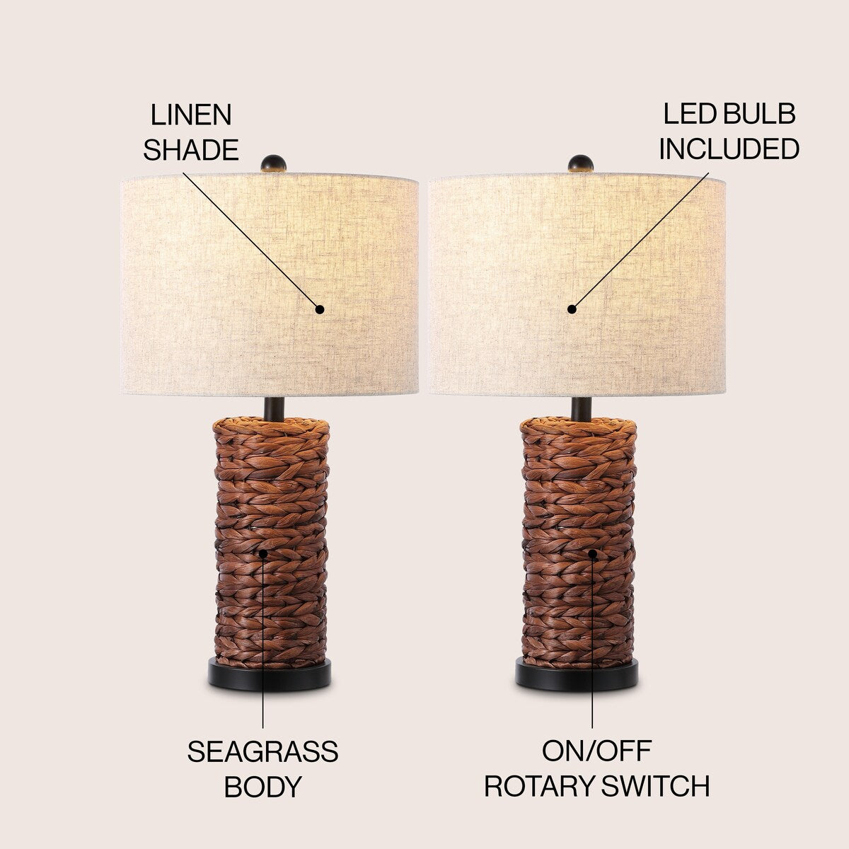 Enzo 25 Coastal Water Hyacinth LED Table Lamp, (Set of 2), by JONATHAN Y