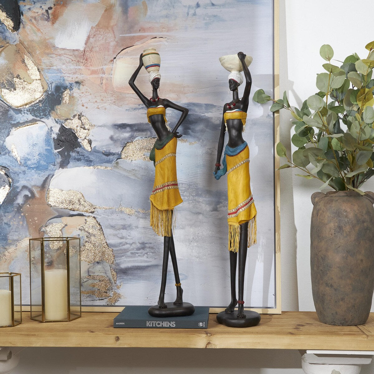 PolystoneHandmade African Woman Decorative Sculpture with Water Jugs and Jeweled Details - Set of 2 Yellow - Roche River Decor