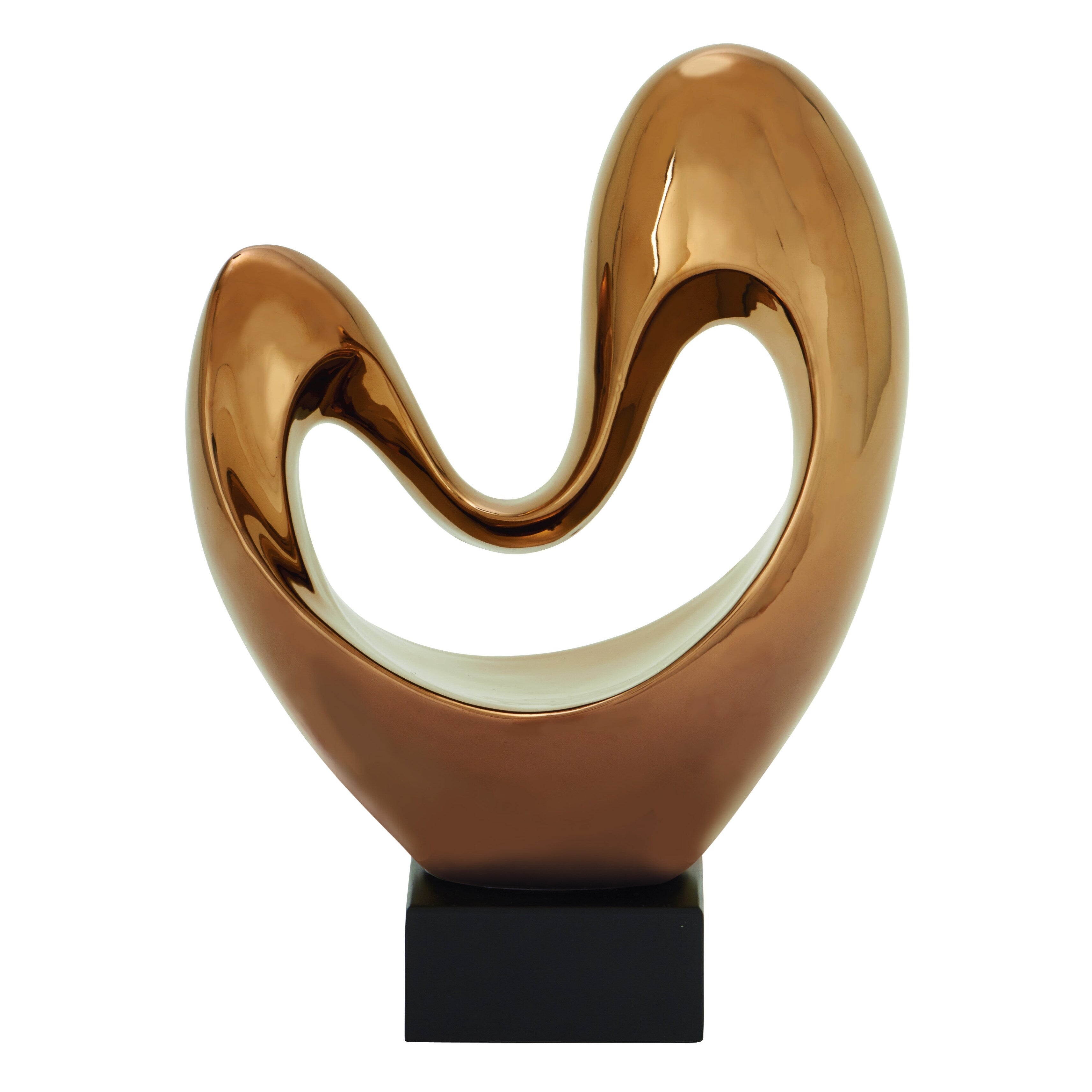 Copper or Silver Polystone Heart Abstract Decorative Sculpture with Black Base