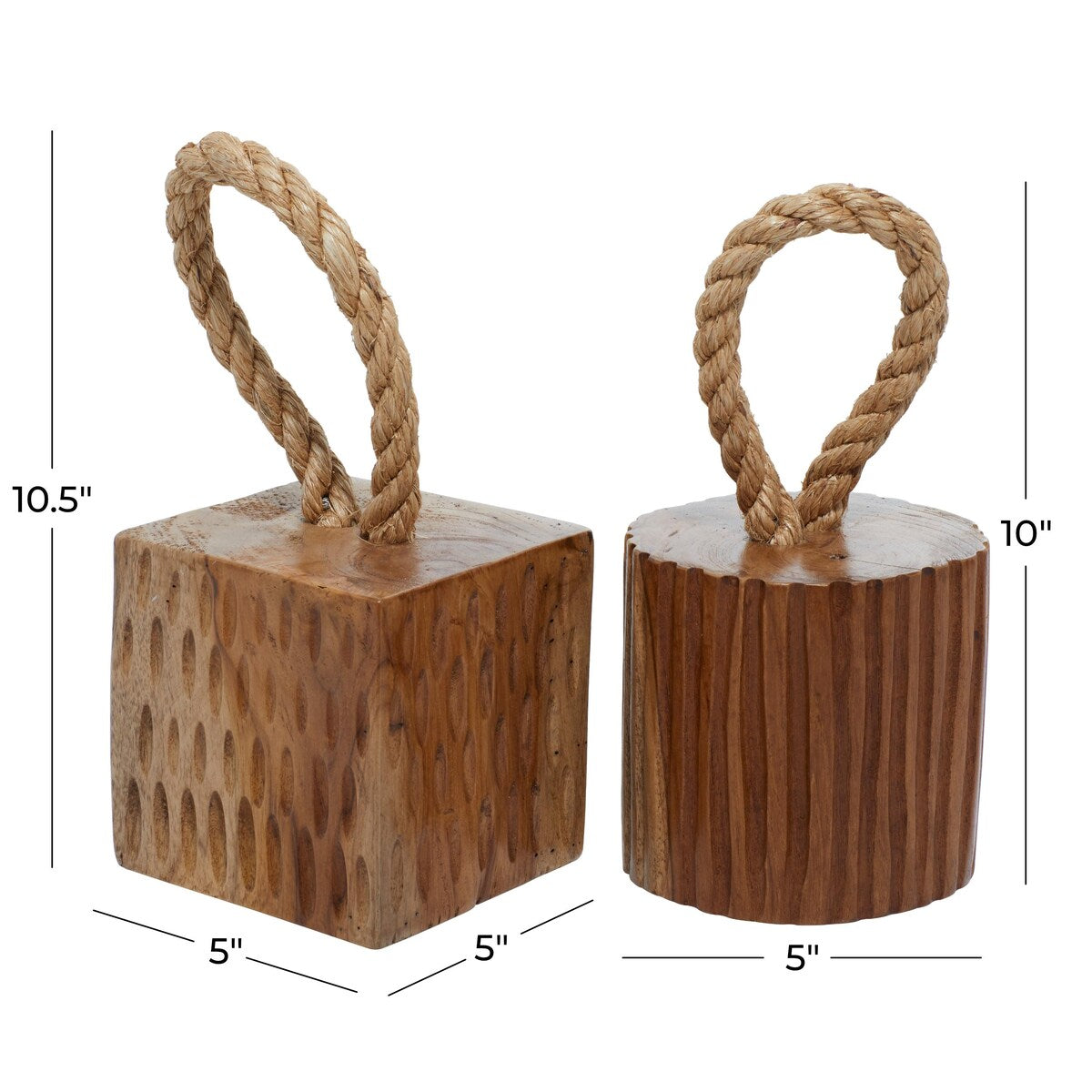 Teak Wood Geometric Handmade Door Stopper Decorative Sculpture with Rope Accent - Set of 2 Brown - Roche River Decor