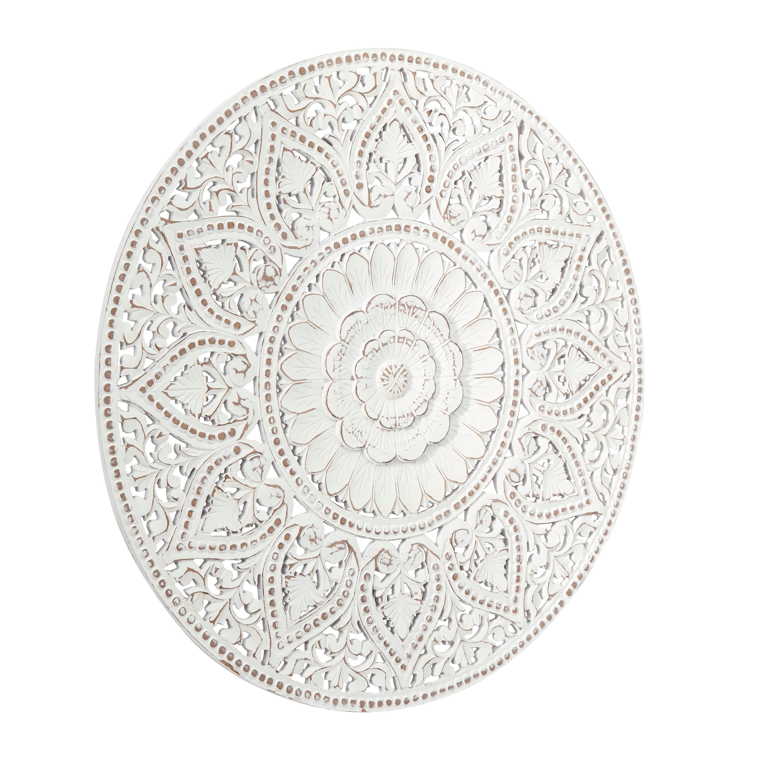 Wooden Handmade Intricately Carved Floral Wall Decor with Mandala Design - Brown or White