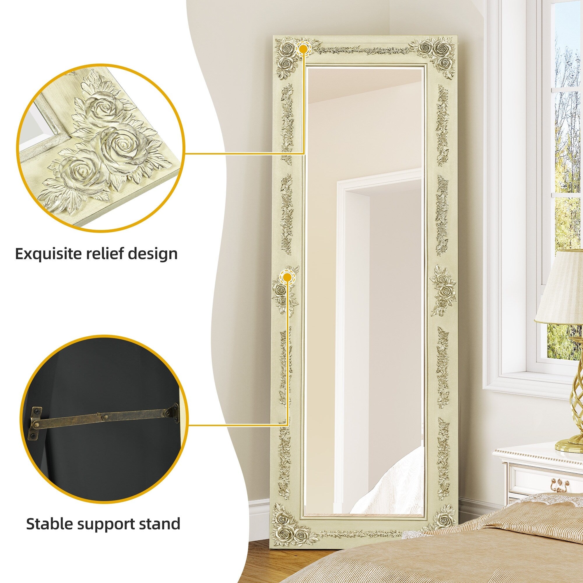 Moasis Floral Wooden Frame Full Length Floor Wall Mirror Standing Dressing Mirror