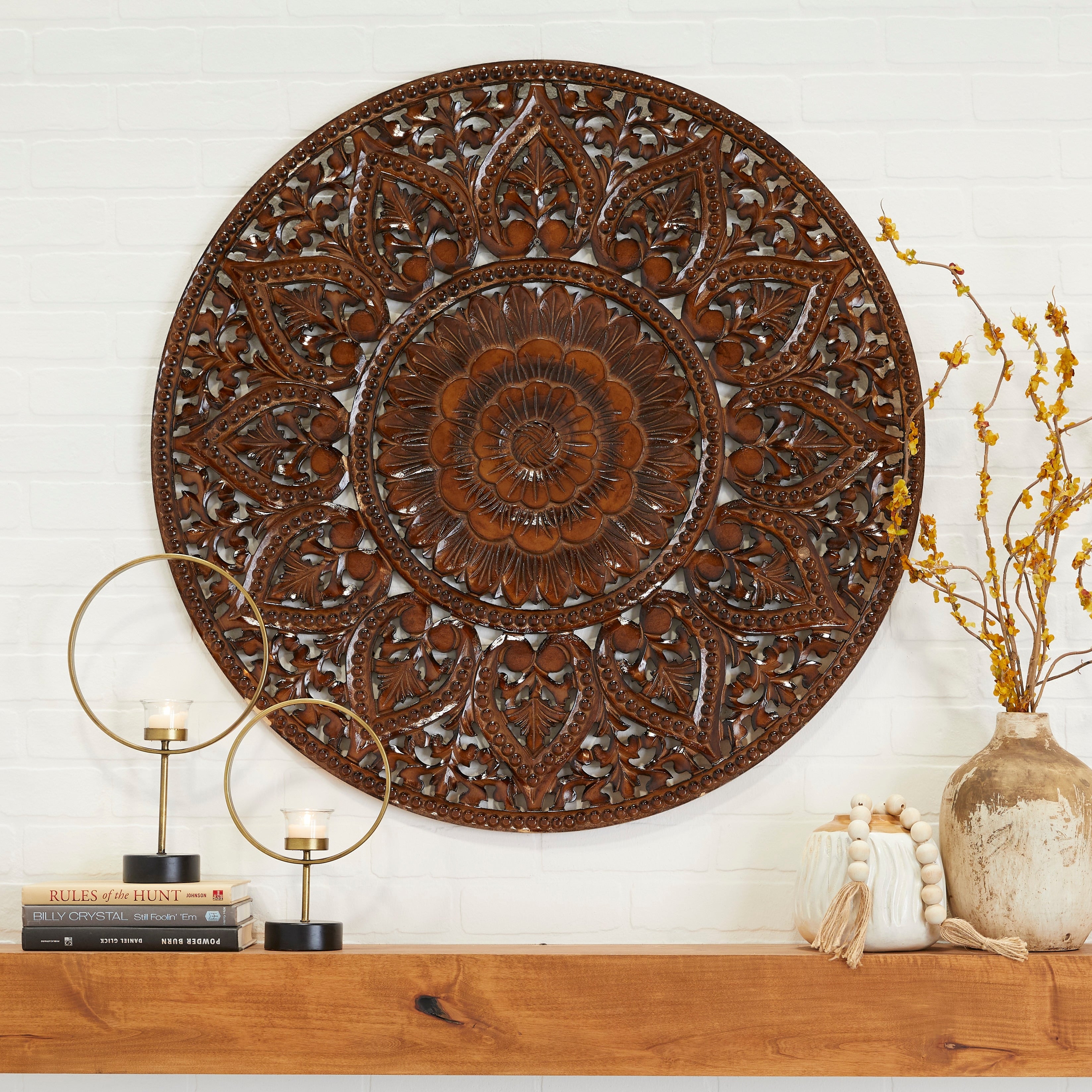 Wooden Handmade Intricately Carved Floral Wall Decor with Mandala Design - Brown or White