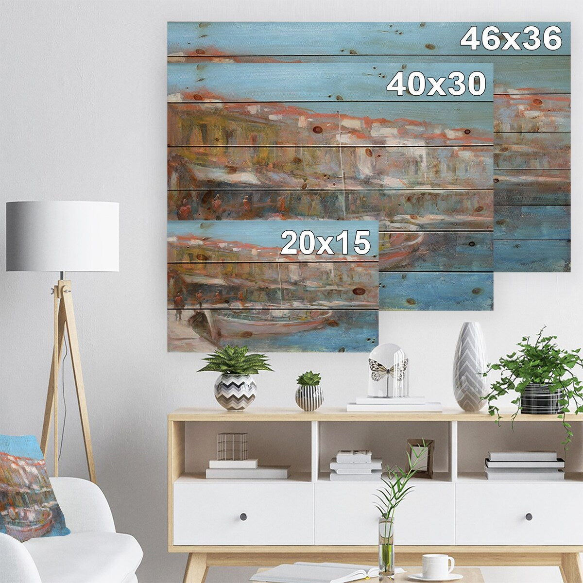 Designart 'Fishing boat in Croatian Coast' Sea & Shore Print on Natural Pine Wood - Blue