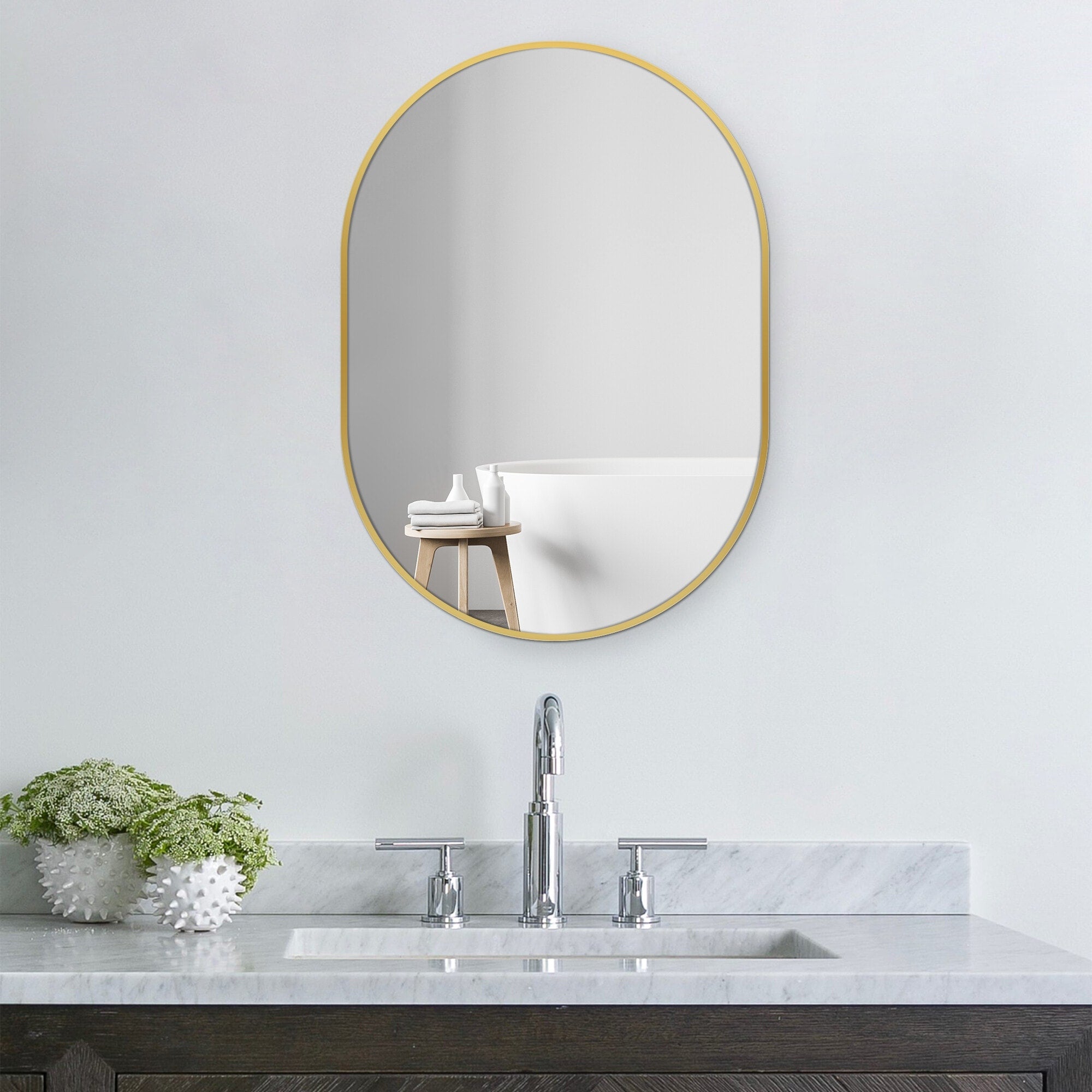 Small Oval Aluminum Framed Wall Bathroom Vanity Mirror