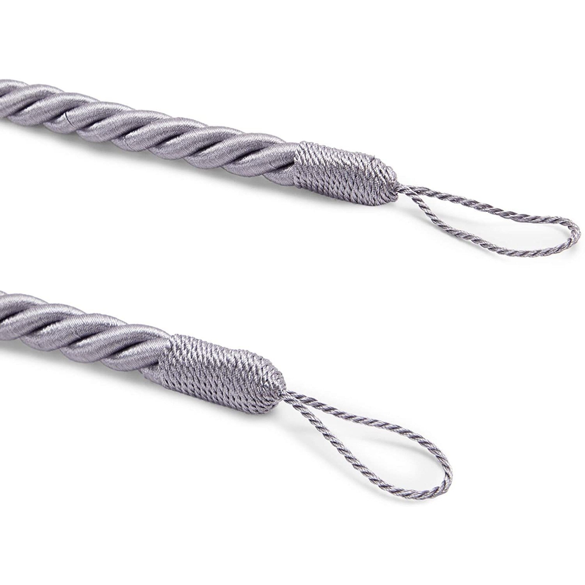 Light Grey Rope Curtain Tiebacks with Hooks, Holdbacks for Drapes (26 in, 2 Pairs)