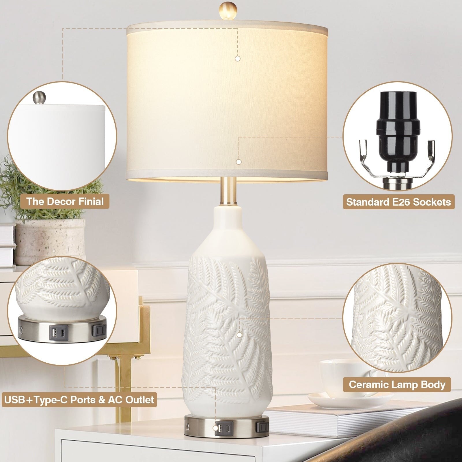 Table Lamps Ceramic White Special Texture Pattern 3-Way Touch Switch USB Type-C Charging Ports AC Outlet (Set of 2)