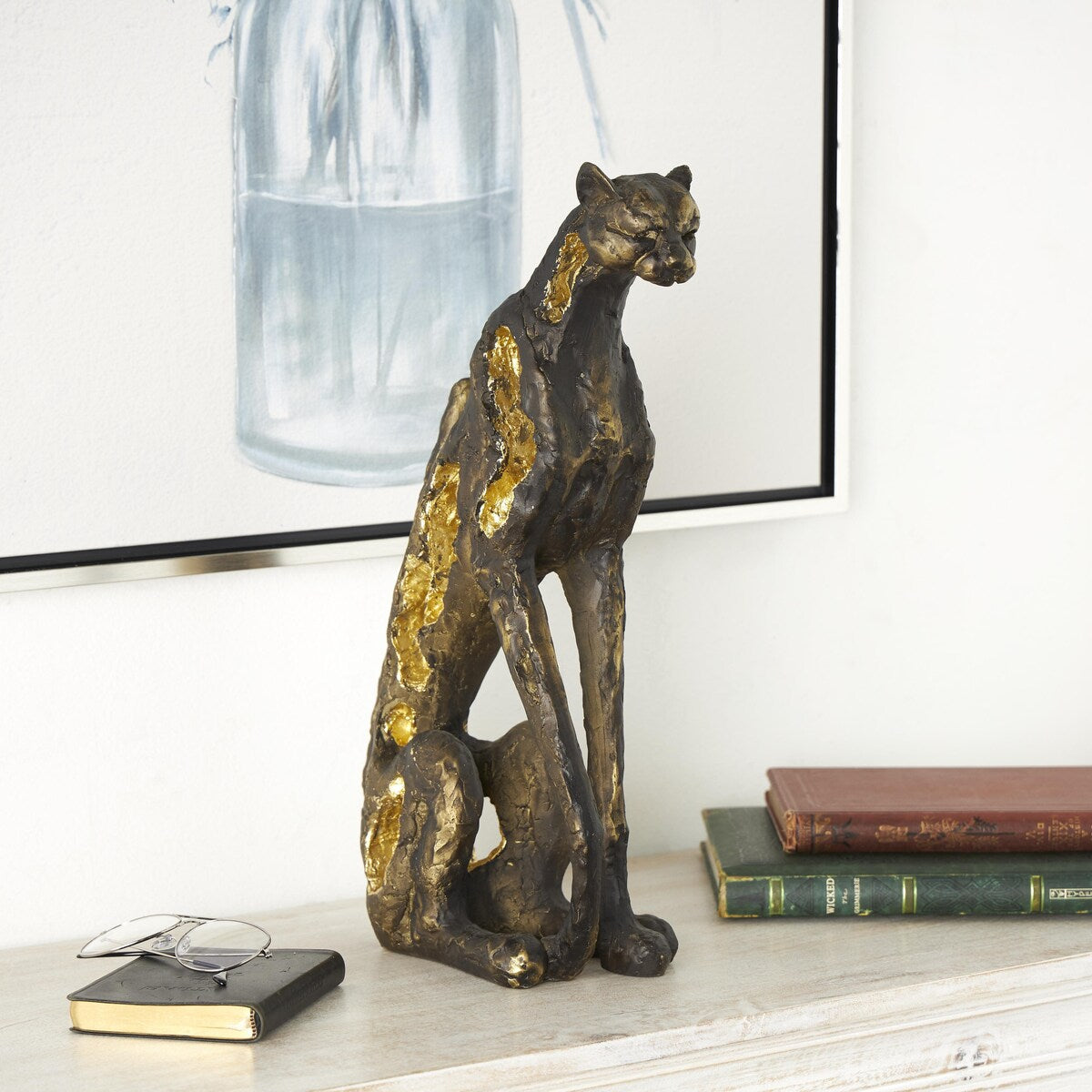 Polystone Leopard Distressed Textured Sitting Decorative Sculpture with Cutouts and Gold Accents - Bronze - Roche River Decor