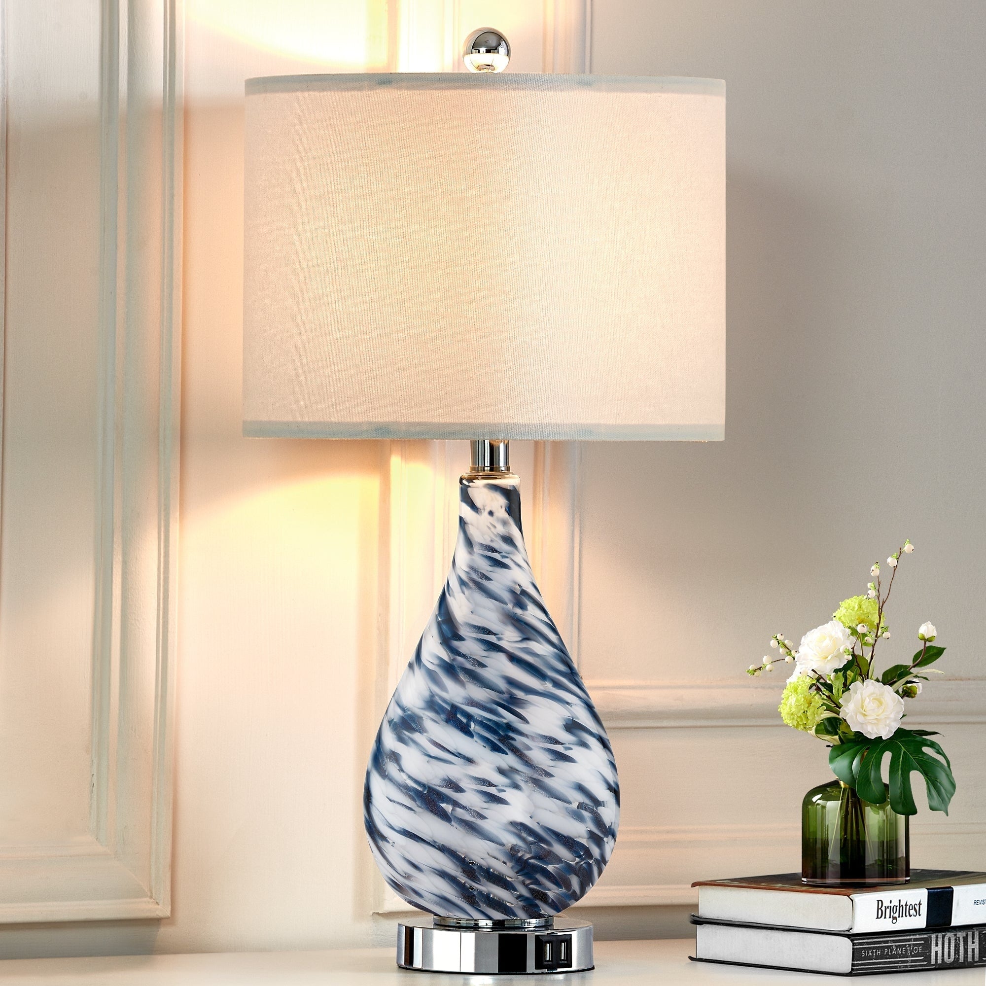 Cinkeda Table Lamp Blue Glass Touch Dimming USB Ports - 12'' x 12'' x 24'' (L x W x H)