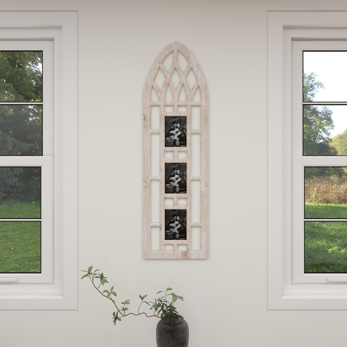 Wooden Slim Arched Window Inspired 3 Slot Wall Photo Frame - Light Brown - Roche River Decor