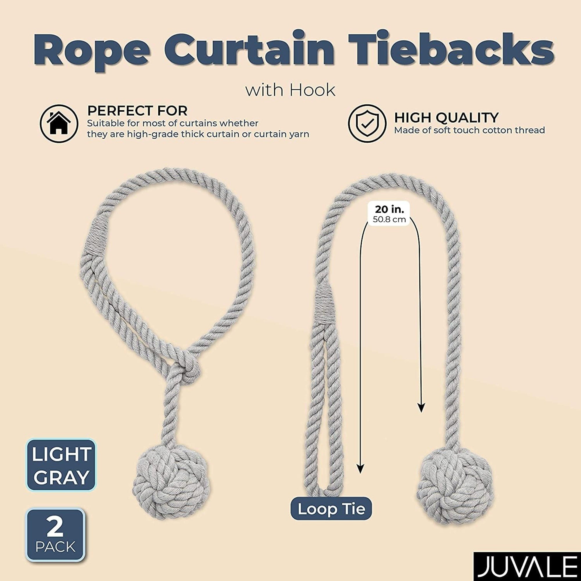 Light Grey Rope Curtain Tiebacks, Holdbacks for Drapes (20 Inches, 2 Pack)