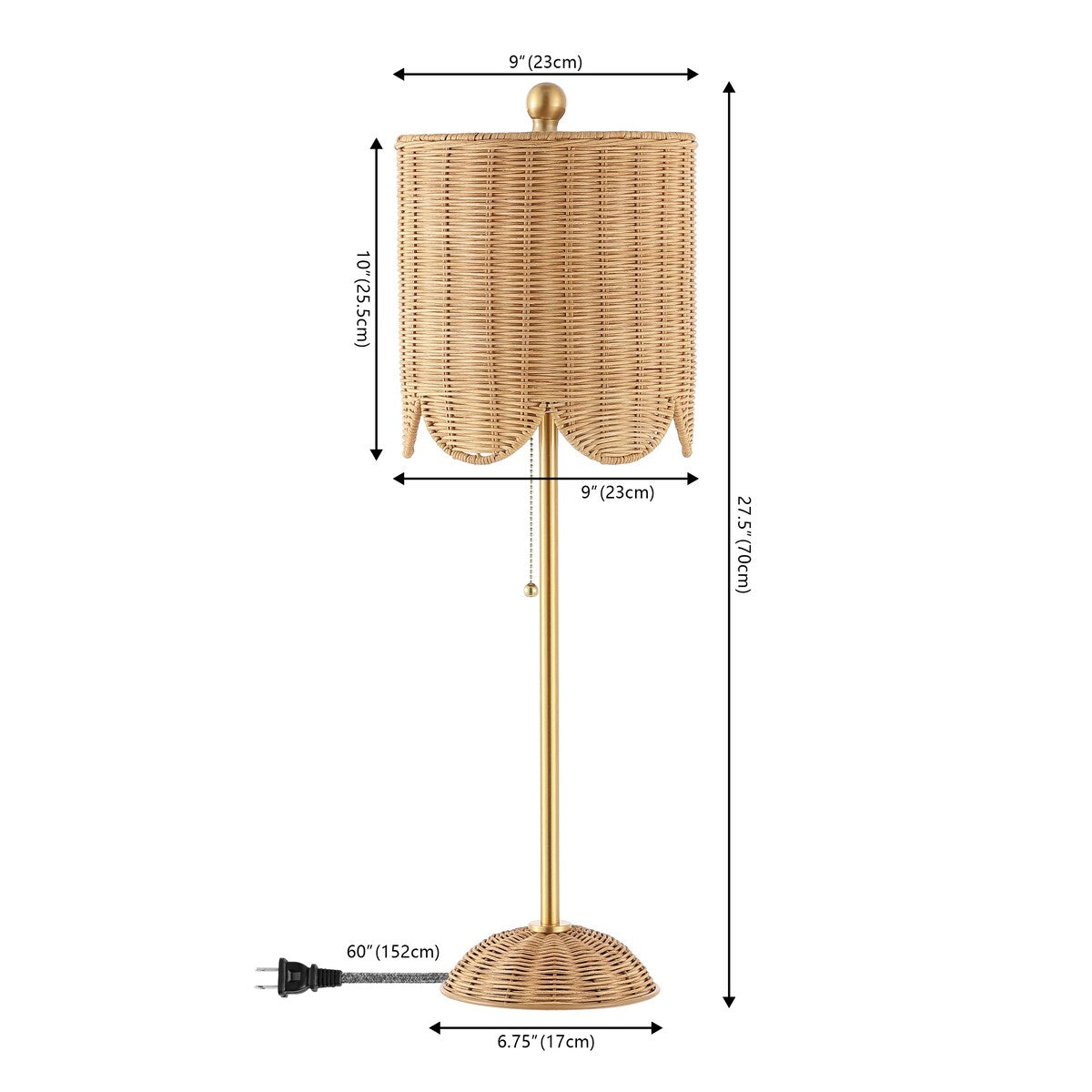 Aksel 27.5 Coastal Rattan/Iron Scalloped Buffet LED Table Lamp with Pull Chain, Natural/Brass Gold (Set of 2) by JONATHAN Y