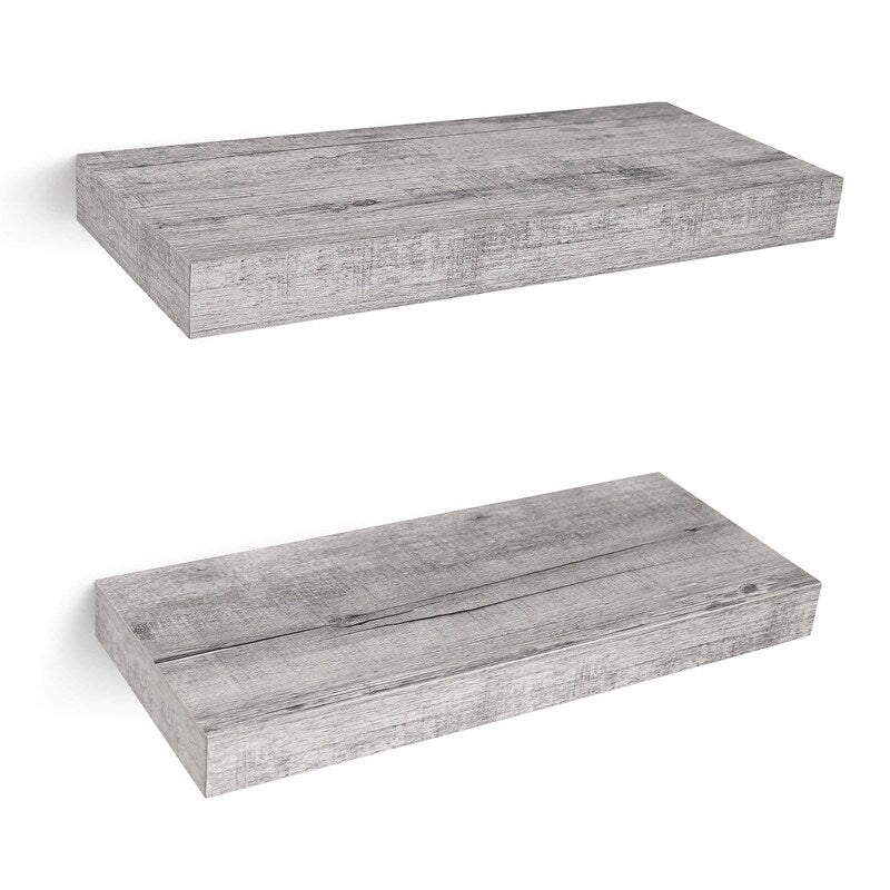 Beautiful 16 Rustic Grey Wall Mounted Floating Shelves, Wooden Storage Rack, Set of 2