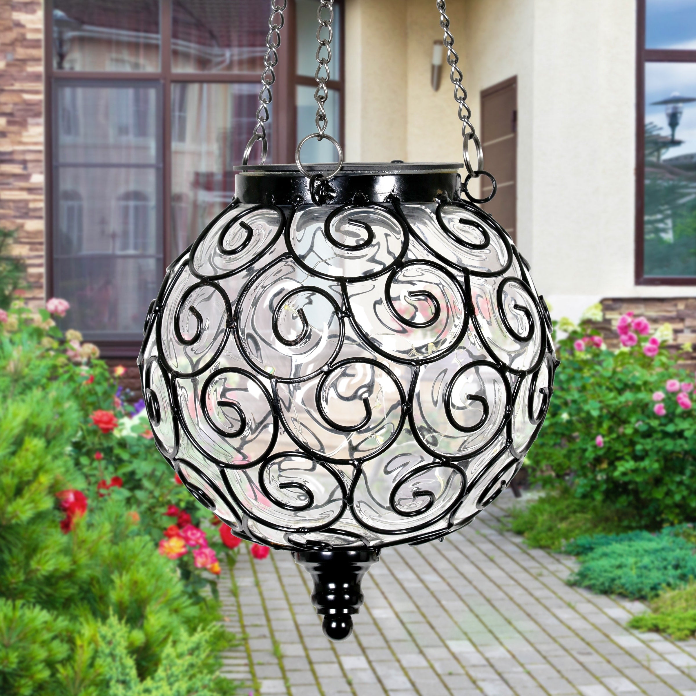 Exhart Solar Round Glass and Metal Hanging Lantern with 15 LED Fairy Firefly String Lights, 7 by 21 Inches