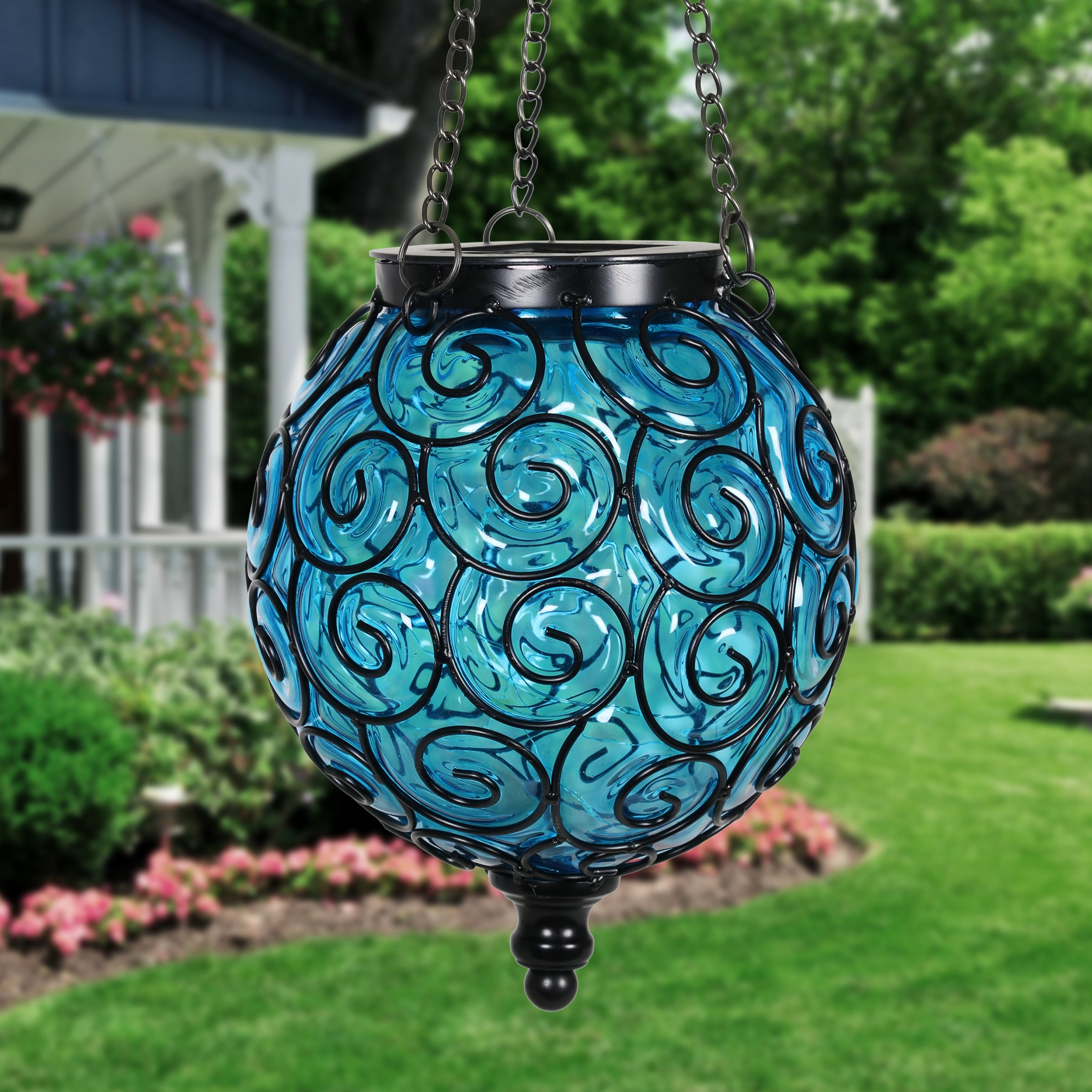 Exhart Solar Round Glass and Metal Hanging Lantern with 15 LED Fairy Firefly String Lights, 7 by 21 Inches