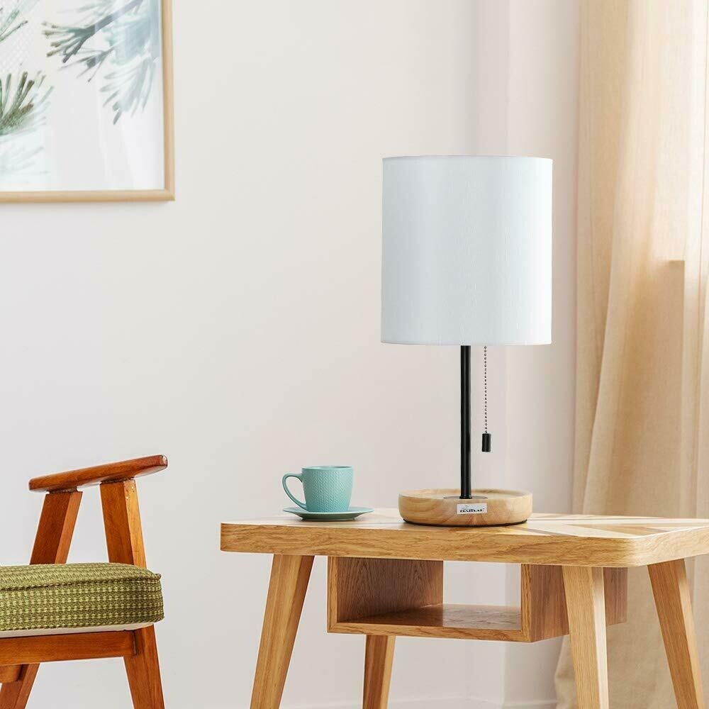 Bedside Black Modern Table Lamp With Tan Wood Base