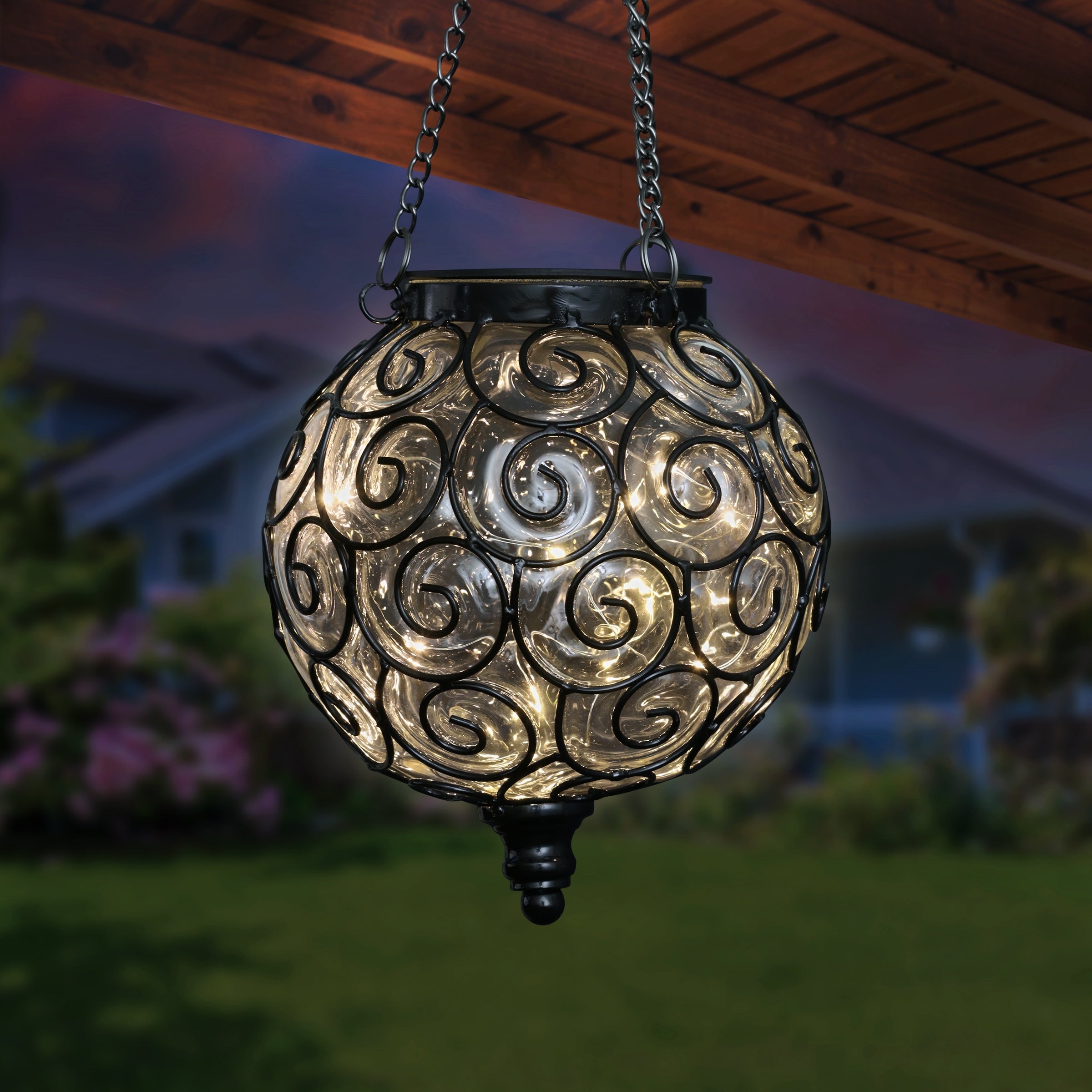 Exhart Solar Round Glass and Metal Hanging Lantern with 15 LED Fairy Firefly String Lights, 7 by 21 Inches