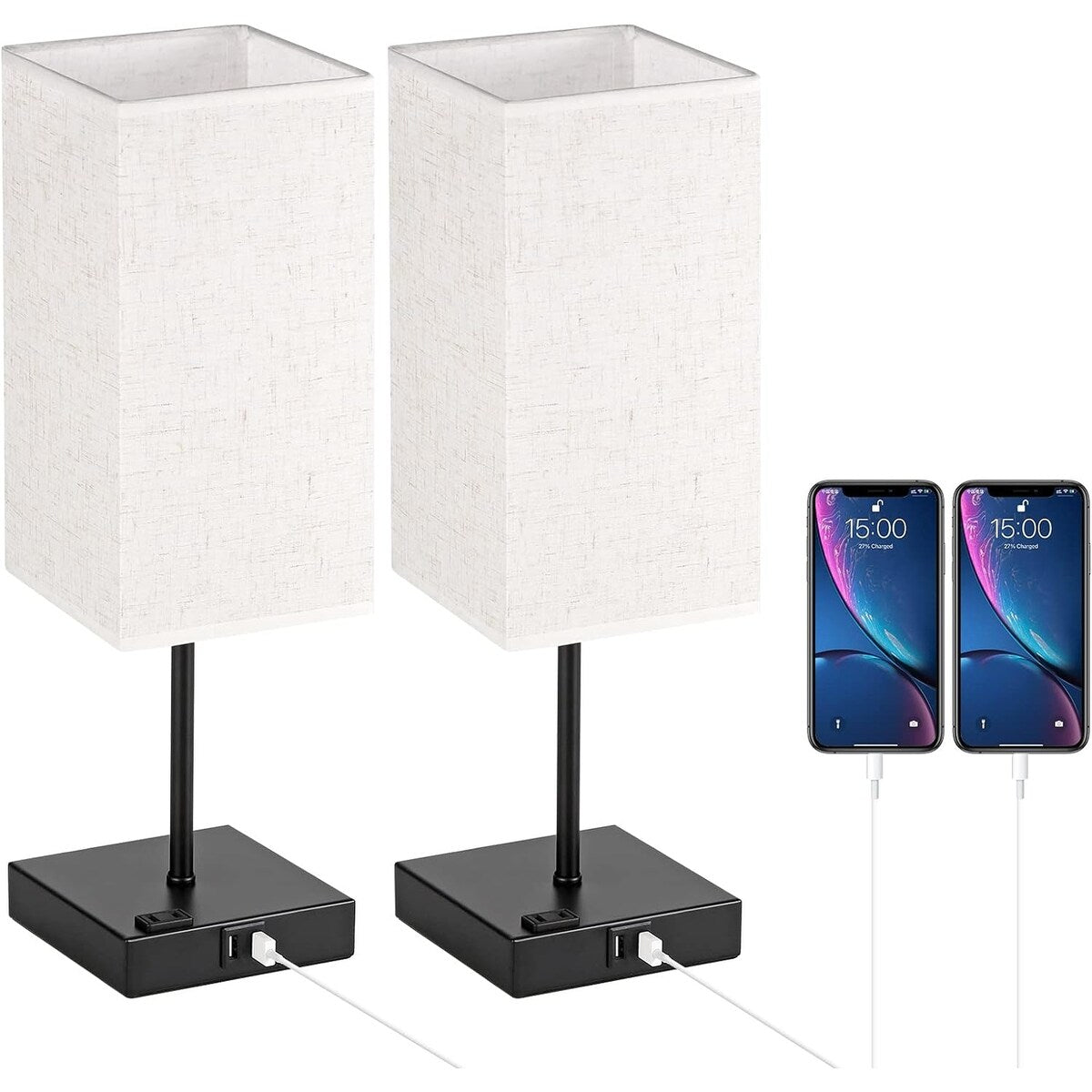 Set of 2 Bedside Table Lamp with 2 USB Charging Ports &1 AC Outlet