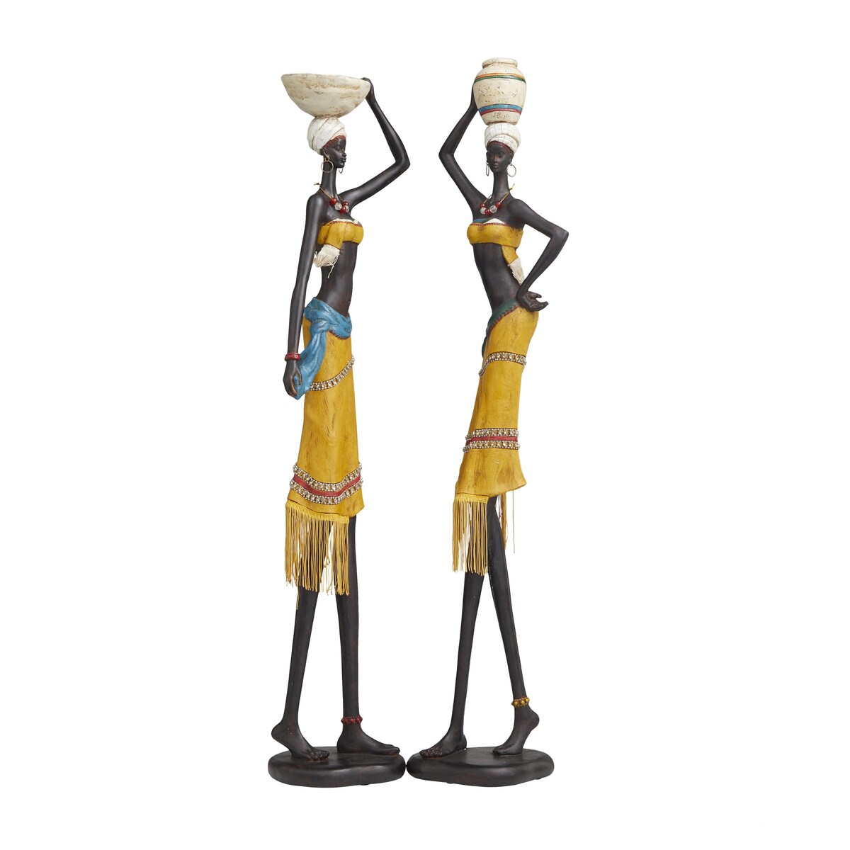 PolystoneHandmade African Woman Decorative Sculpture with Water Jugs and Jeweled Details - Set of 2 Yellow - Roche River Decor