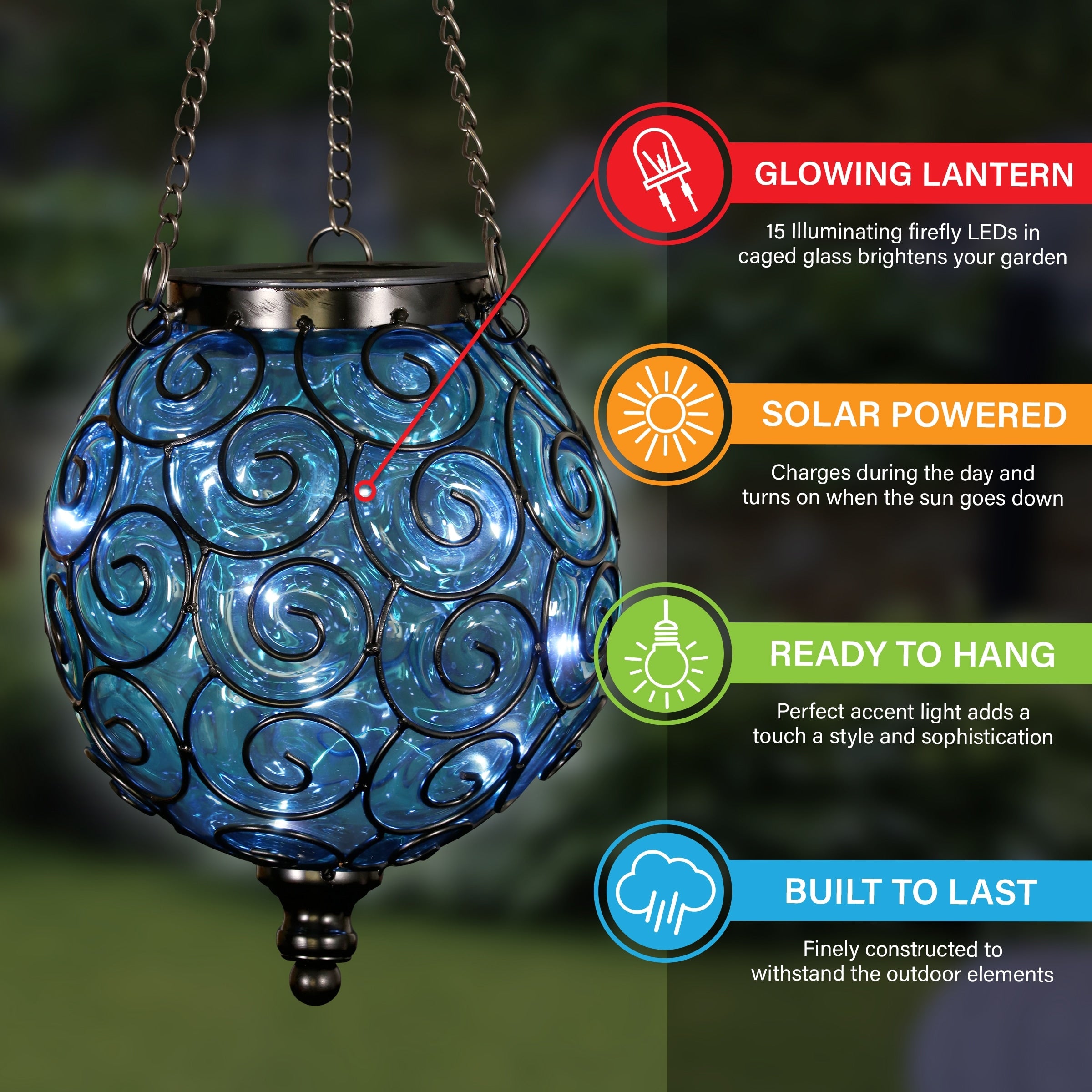 Exhart Solar Round Glass and Metal Hanging Lantern with 15 LED Fairy Firefly String Lights, 7 by 21 Inches