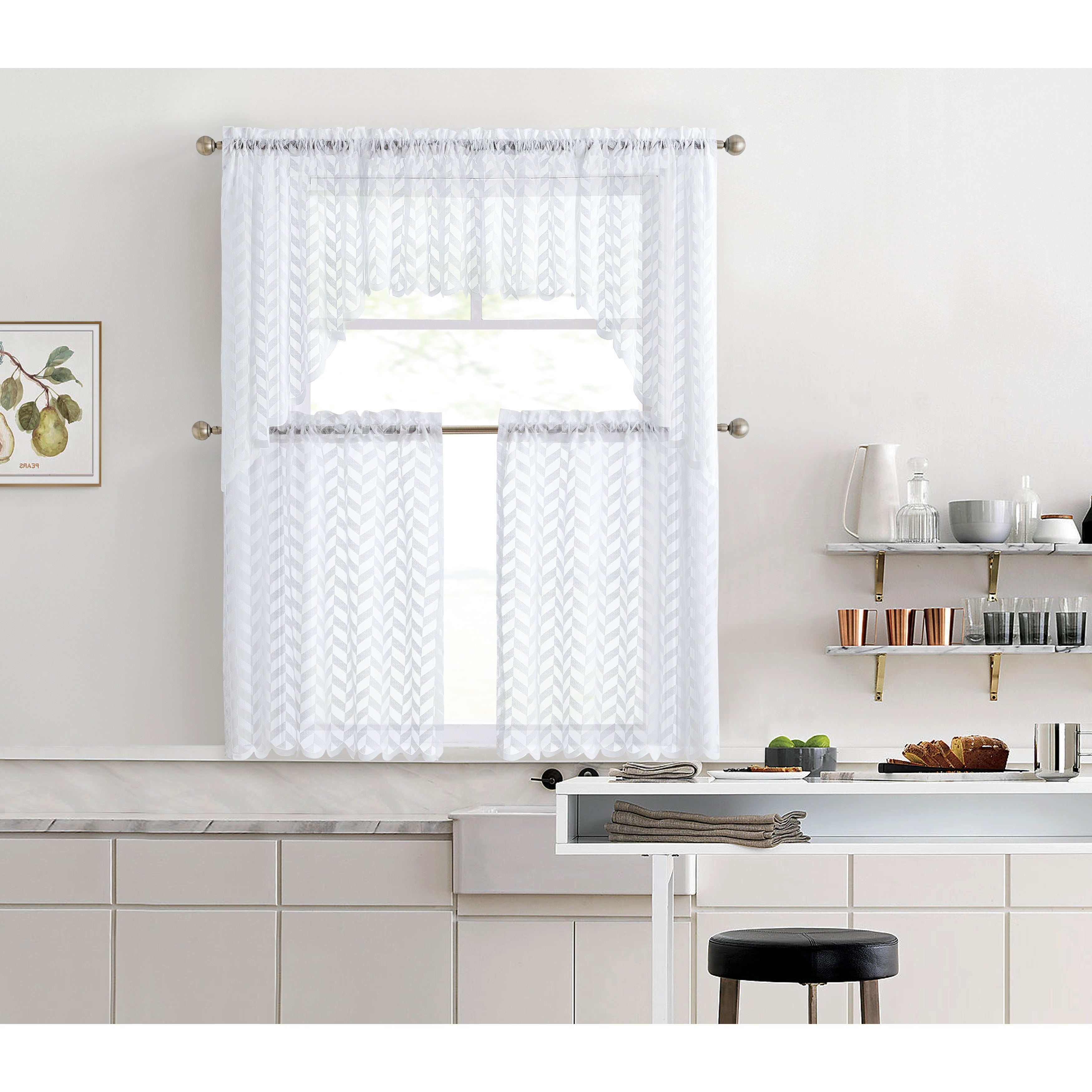 HLC.me Herringbone Lace Sheer Kitchen Cafe Curtain Tiers Swags Valance for Small Windows & Bathroom