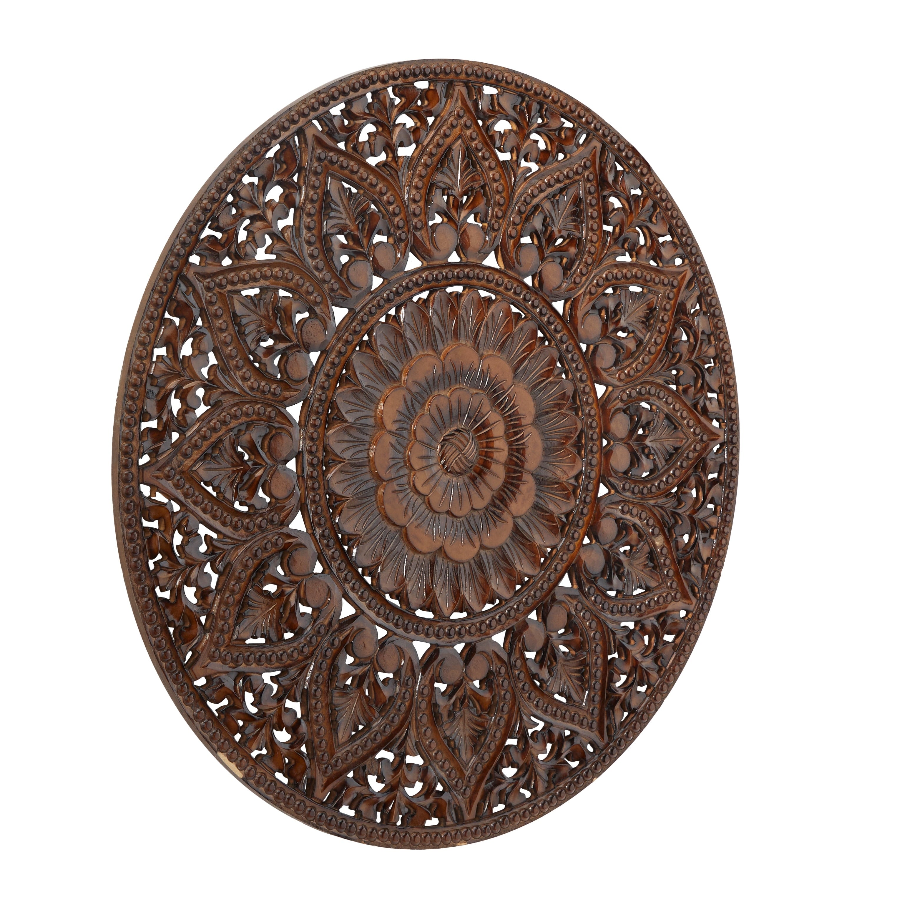 Wooden Handmade Intricately Carved Floral Wall Decor with Mandala Design - Brown or White