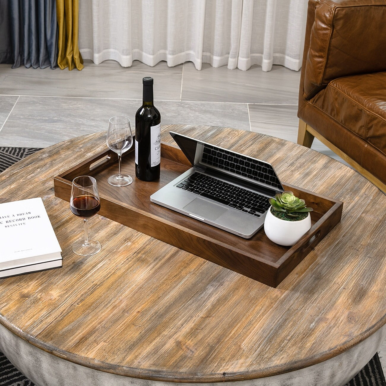 Rectangle Black Walnut Wood Serving Tray Ottoman Tray