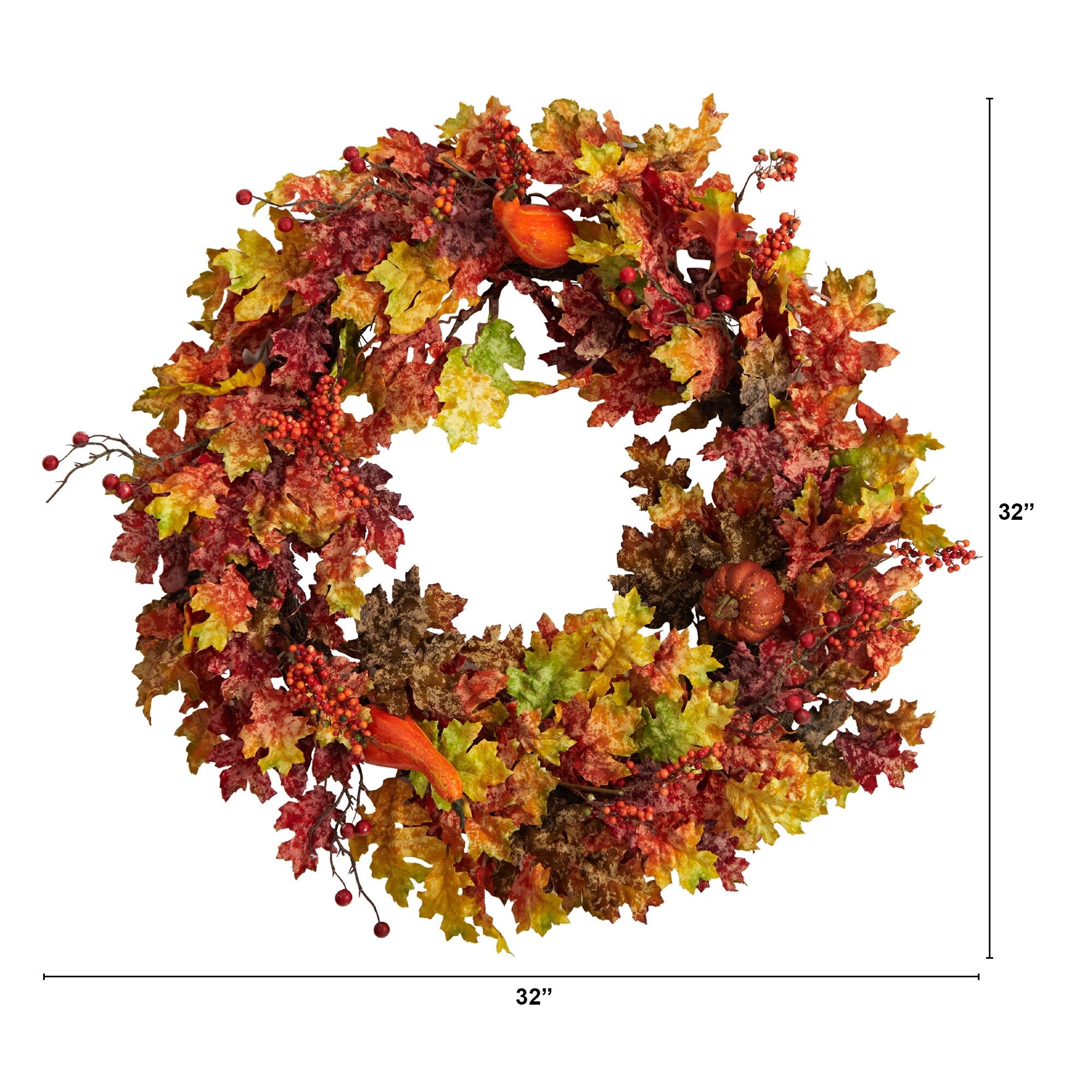 32 Autumn Oak Leaf, Berries and Pumpkin Artificial Autumn Wreath - 32